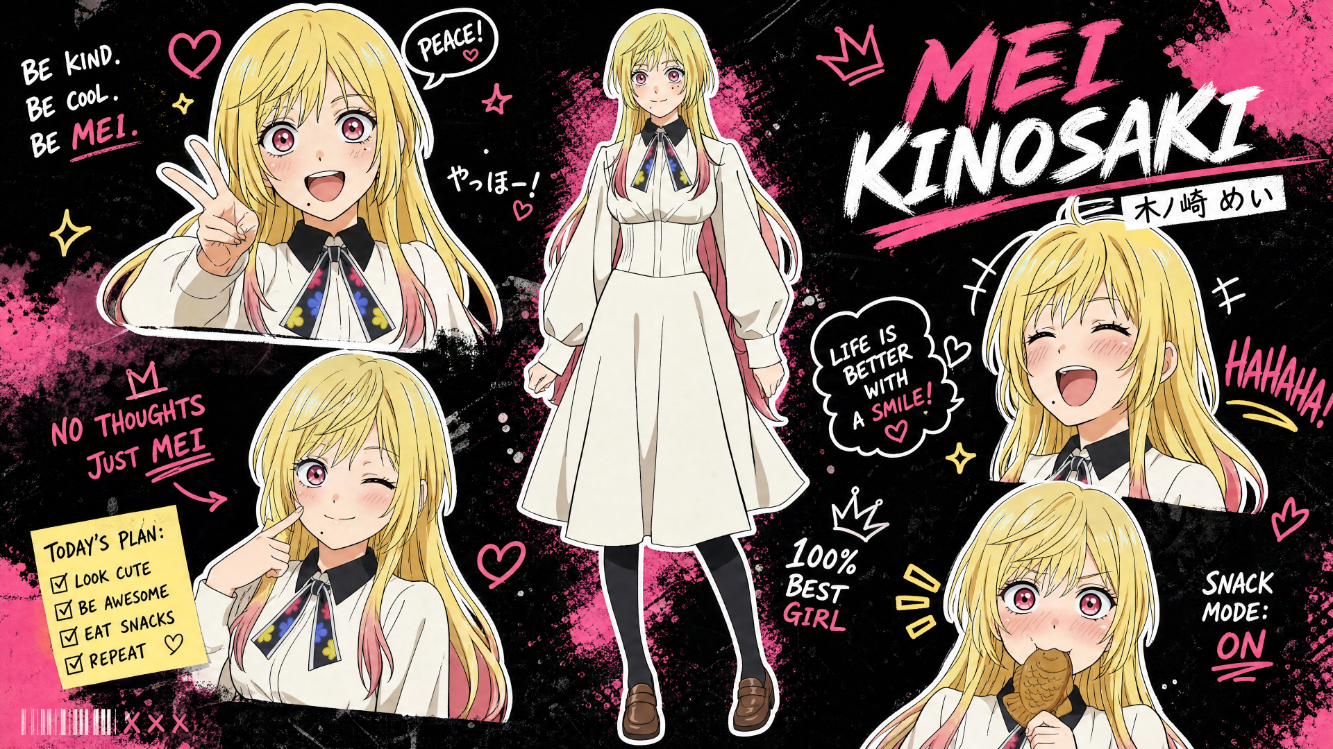 Mei Kinosaki anime 4K Ultra HD PC desktop wallpaper and background: collage of a blonde schoolgirl in multiple cheerful poses and expressions with pink doodles on a black backdrop.
