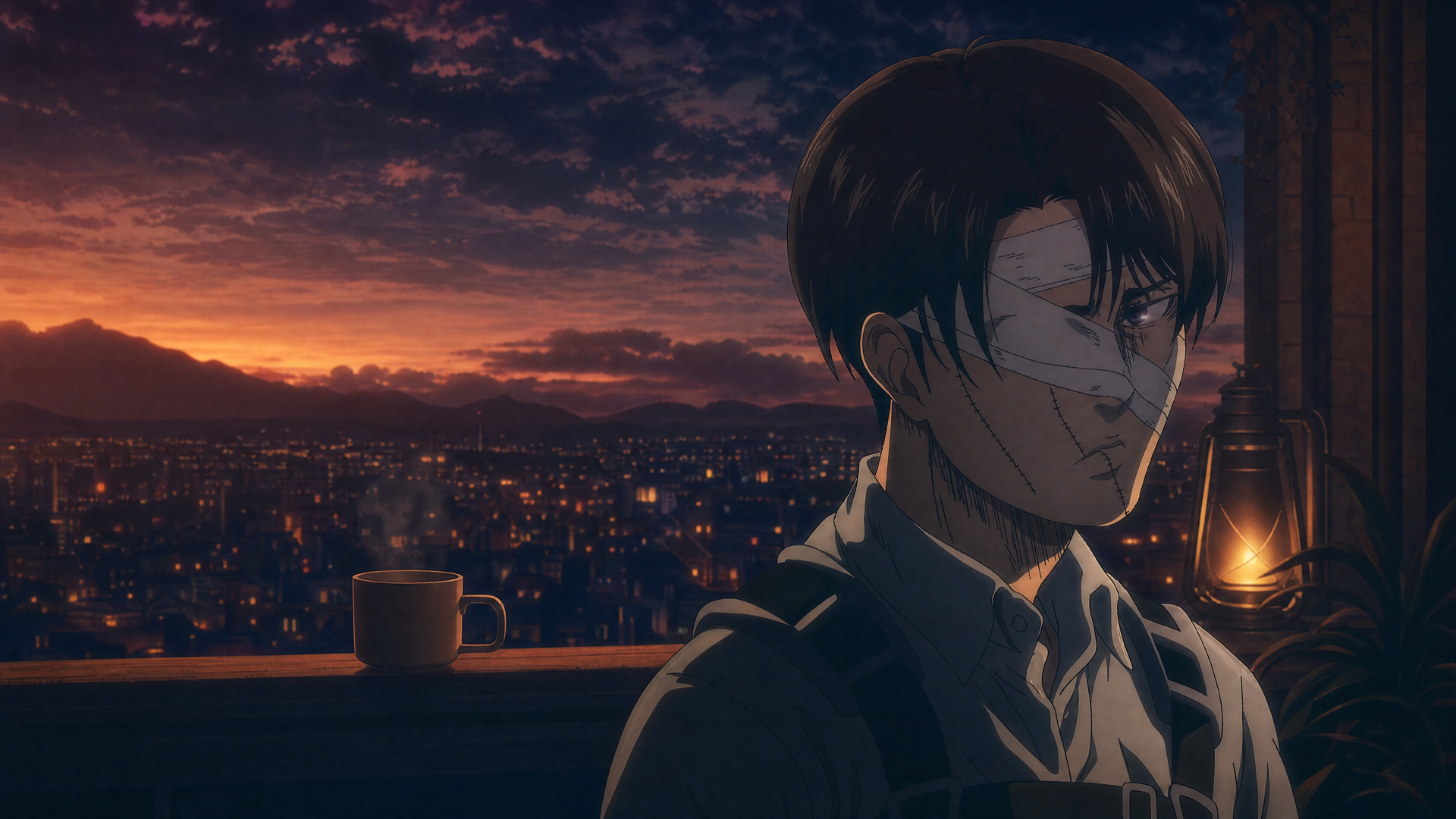 Levi Ackerman in shadowed profile at a lantern-lit windowsill, looking over a glowing dusk cityscape — 4K Ultra HD PC desktop wallpaper and background.