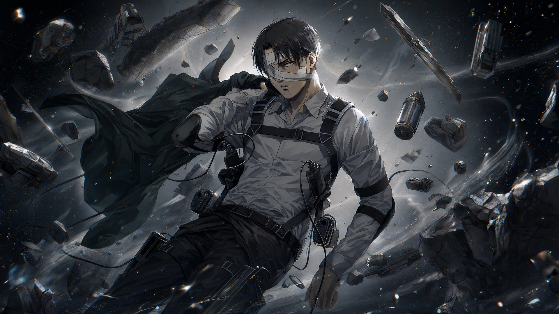 Levi Ackerman in Survey Corps gear, cloak billowing as he stands poised amid floating debris and gas canisters — dark, stormy 4K Ultra HD PC desktop wallpaper background.