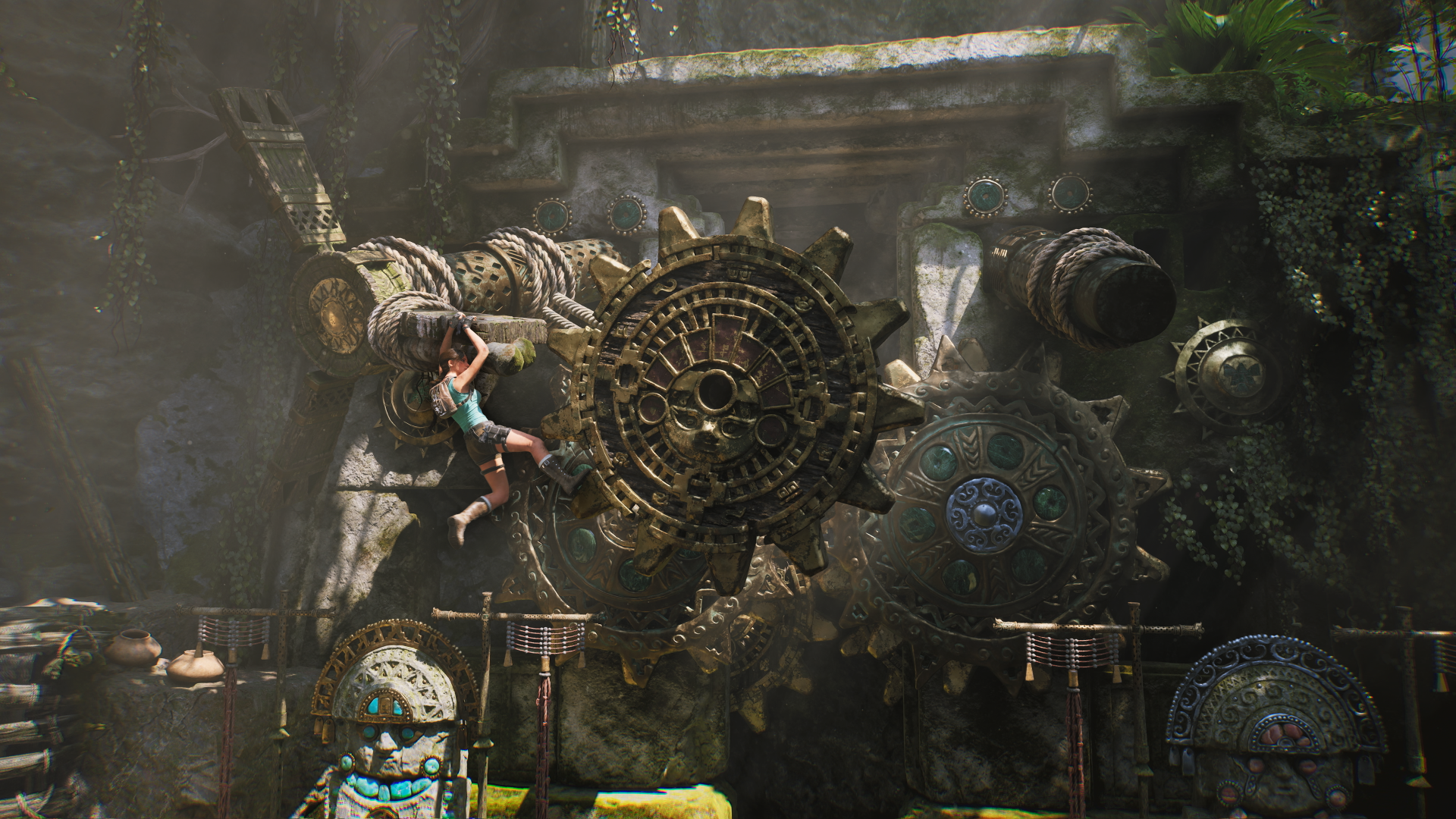 Lara Croft in the video game Tomb Raider: Legacy of Atlantis climbs massive mechanical gears within an overgrown Atlantean ruin — cinematic 4K Ultra HD PC desktop wallpaper/background.