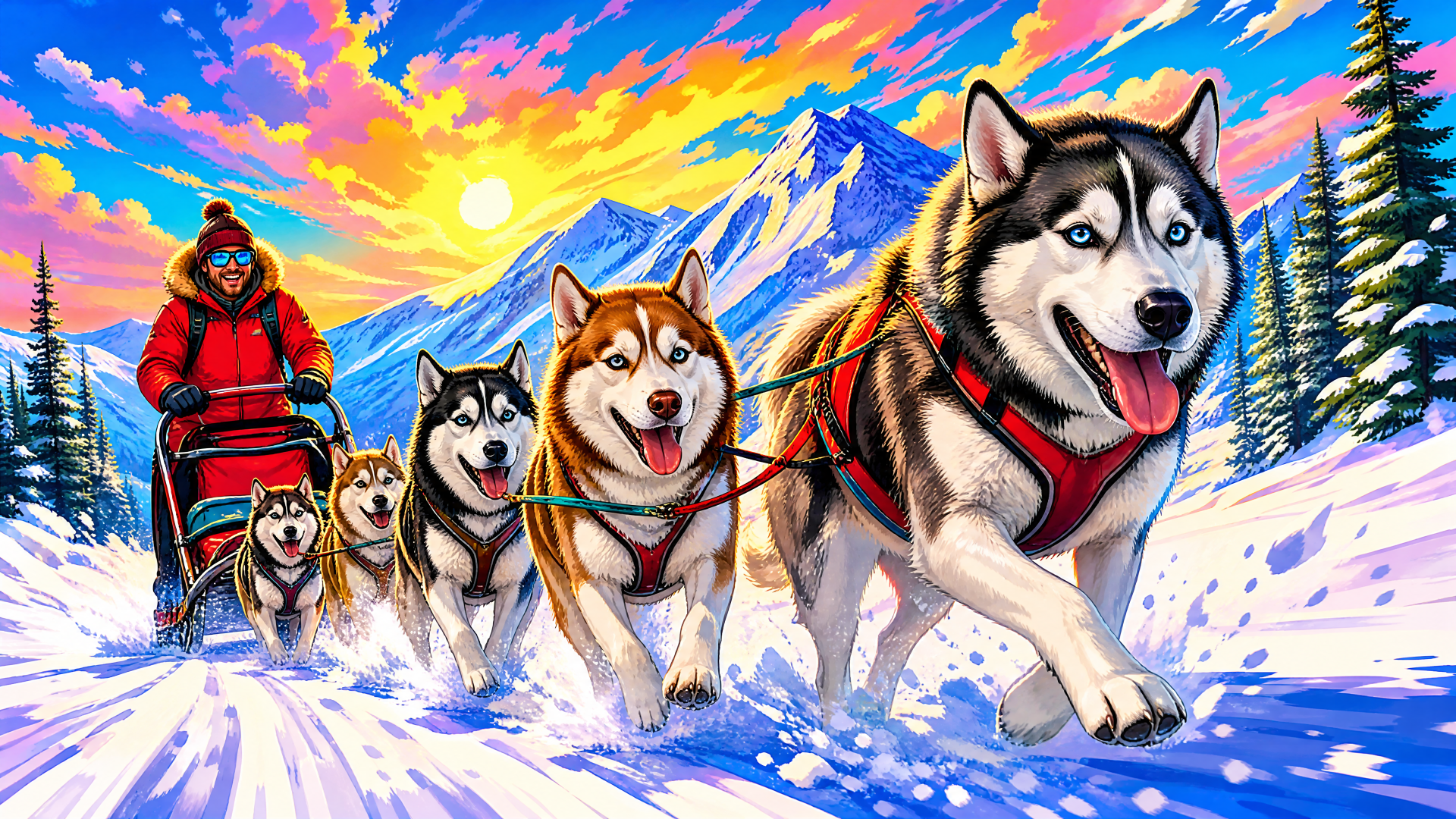 4K Ultra HD PC desktop wallpaper: a dog sled team of energetic huskies led by a musher racing across snow toward towering snowy peaks beneath a vivid sunrise sky.