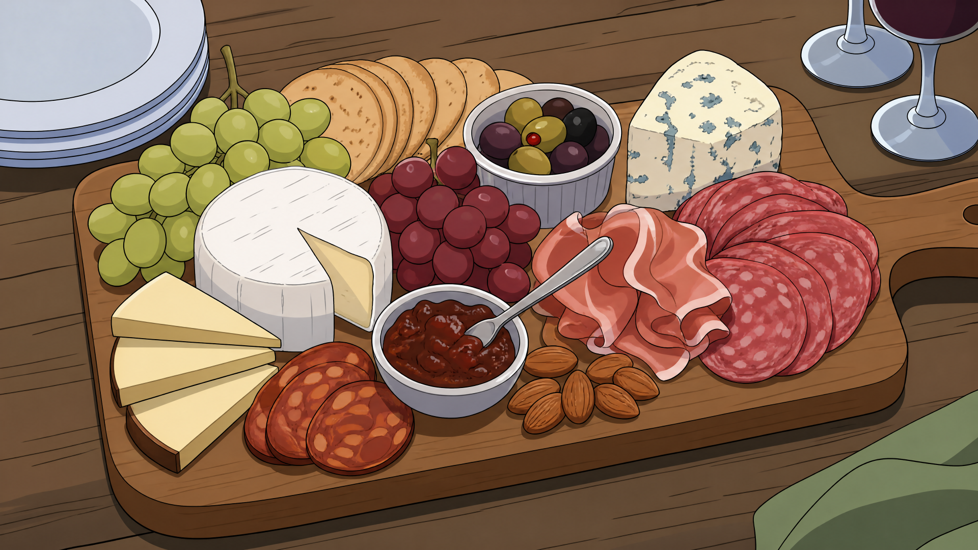 4K Ultra HD PC desktop wallpaper: illustrated charcuterie board with cheeses, cured meats, grapes, olives, crackers and jam on a wooden table.