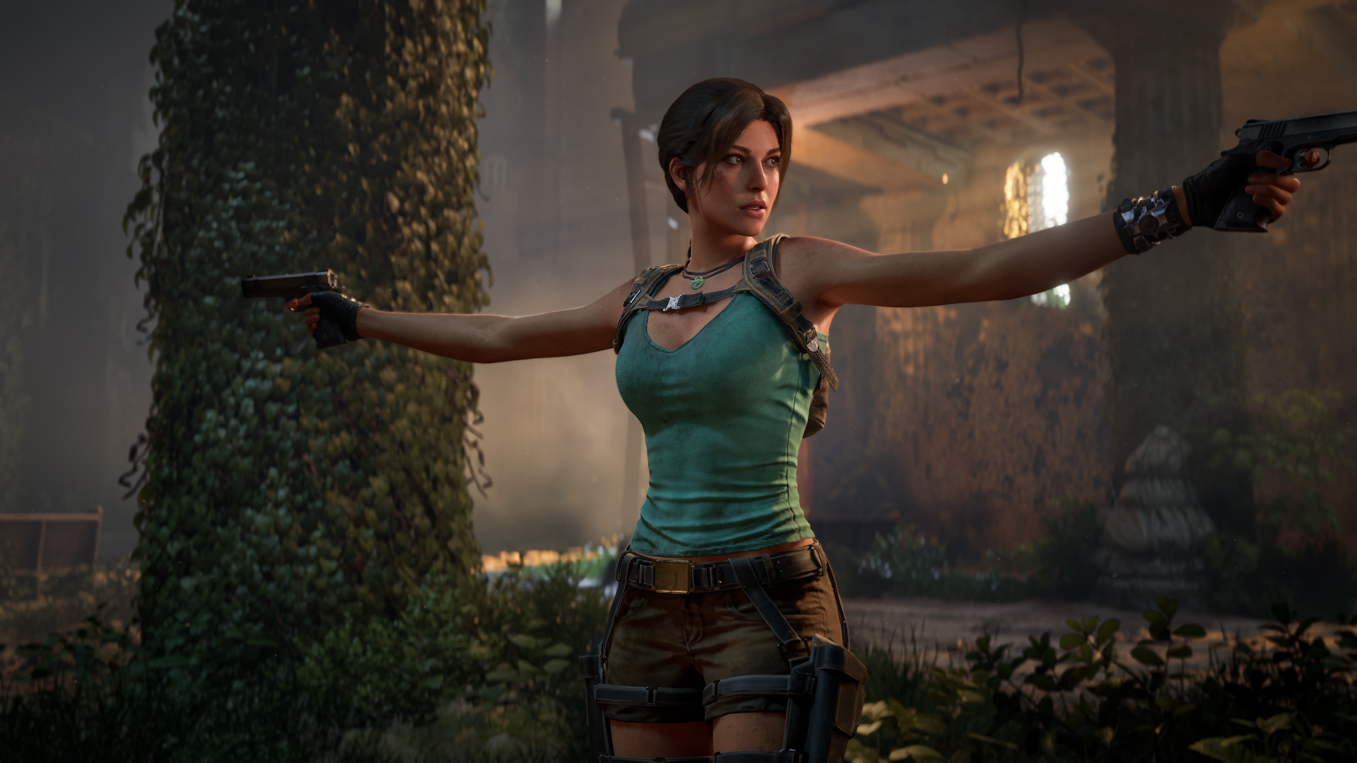 Lara Croft (Tomb Raider: Legacy of Atlantis) fires twin pistols amid overgrown ancient ruins — 4K Ultra HD PC desktop wallpaper.