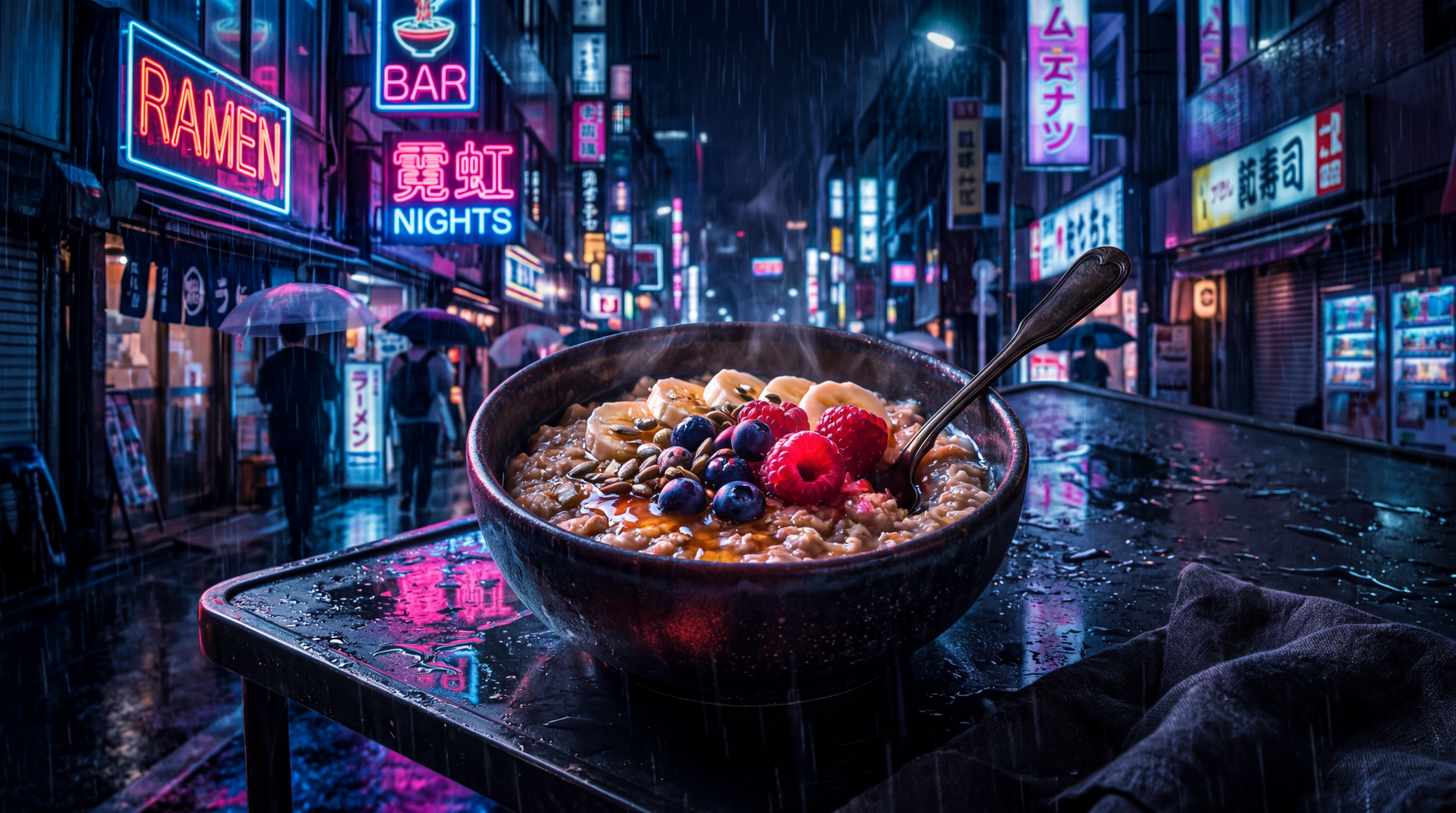 Oatmeal bowl with raspberries, blueberries and nuts on a wet table in neon-lit city streets, 5K Ultra HD PC Desktop Wallpaper and Background.