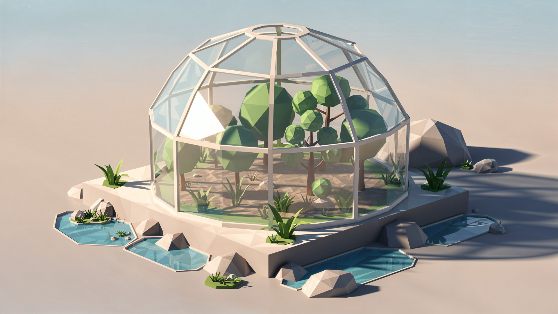 4K Ultra HD PC desktop wallpaper and background: minimalist glass biodome on a rocky islet with lush plants and clear water channels under a pastel sky.