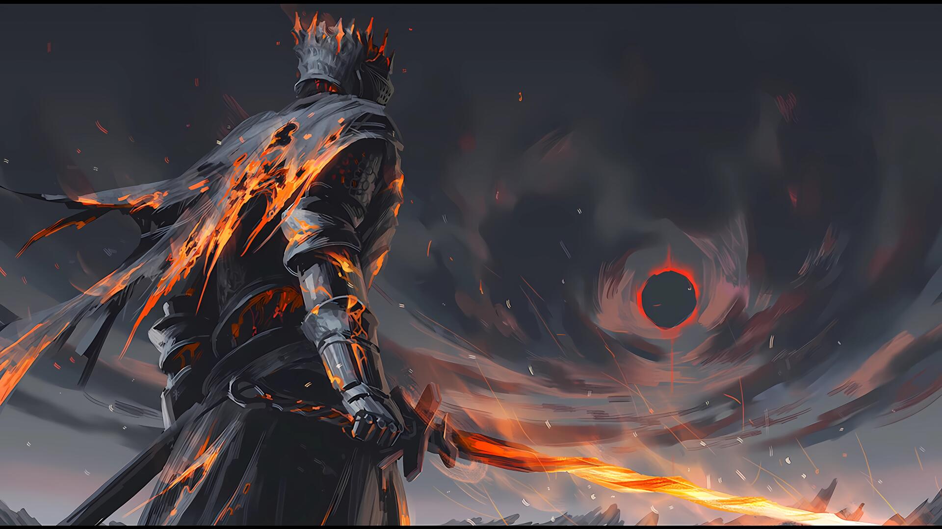 Dark Souls III knight wreathed in embered armor, flaming sword drawn beneath a blood-red eclipse — 8K Ultra HD PC Desktop Wallpaper and Background.