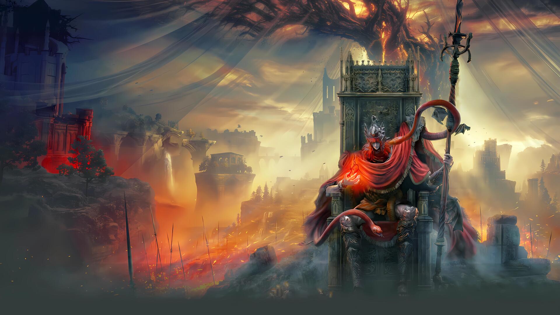 Elden Ring: Shadow of the Erdtree 8K Ultra HD PC desktop wallpaper — a crimson-robed figure on a throne atop a ruined citadel, a towering fiery tree and storm-dark skies loom in the distance.