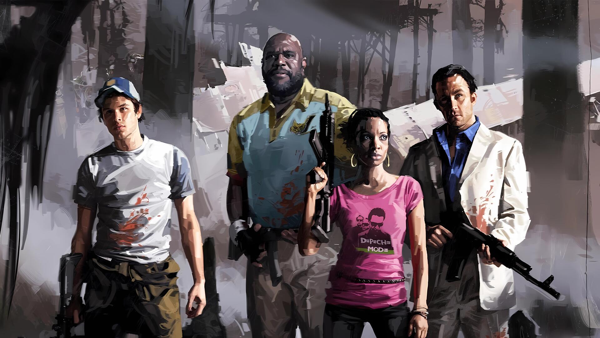 Left 4 Dead 2 8K Ultra HD PC desktop wallpaper: painted-style portrait of the four survivors (Coach, Rochelle, Ellis, Nick) armed in a foggy, ruined forest.