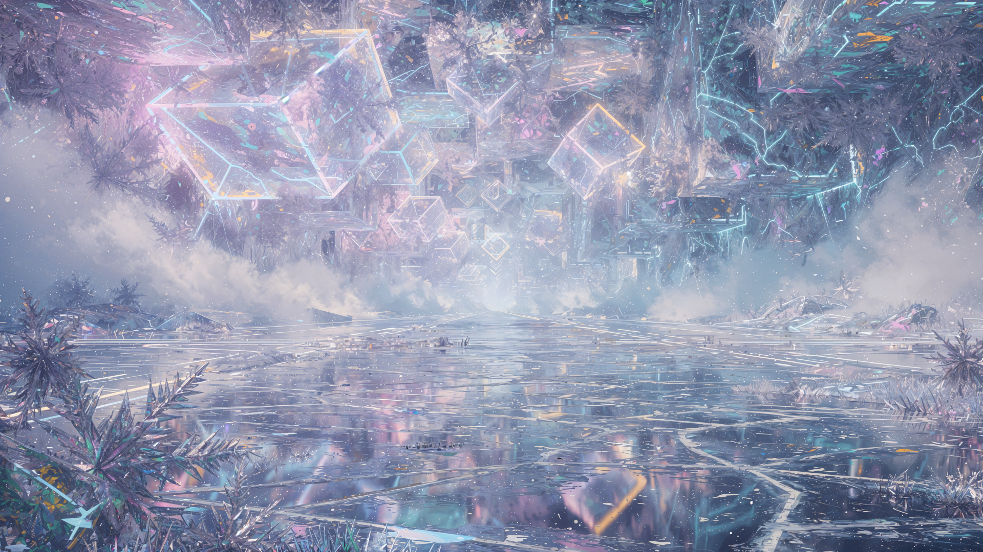 Frosty crystalline landscape with reflective frozen lake and floating geometric ice crystals, pastel hues — 4K Ultra HD PC desktop wallpaper and background.