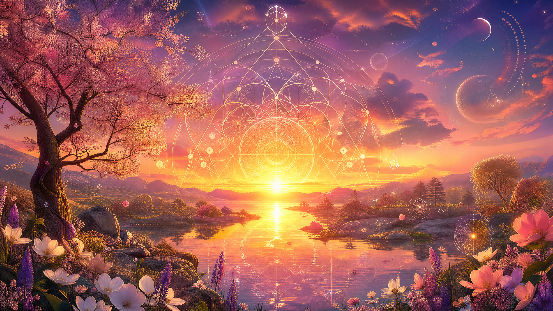 4K Ultra HD PC desktop wallpaper: spring sunset over a tranquil lake framed by cherry blossoms, glowing geometric light pattern in the sky, vivid pink, orange and purple hues.