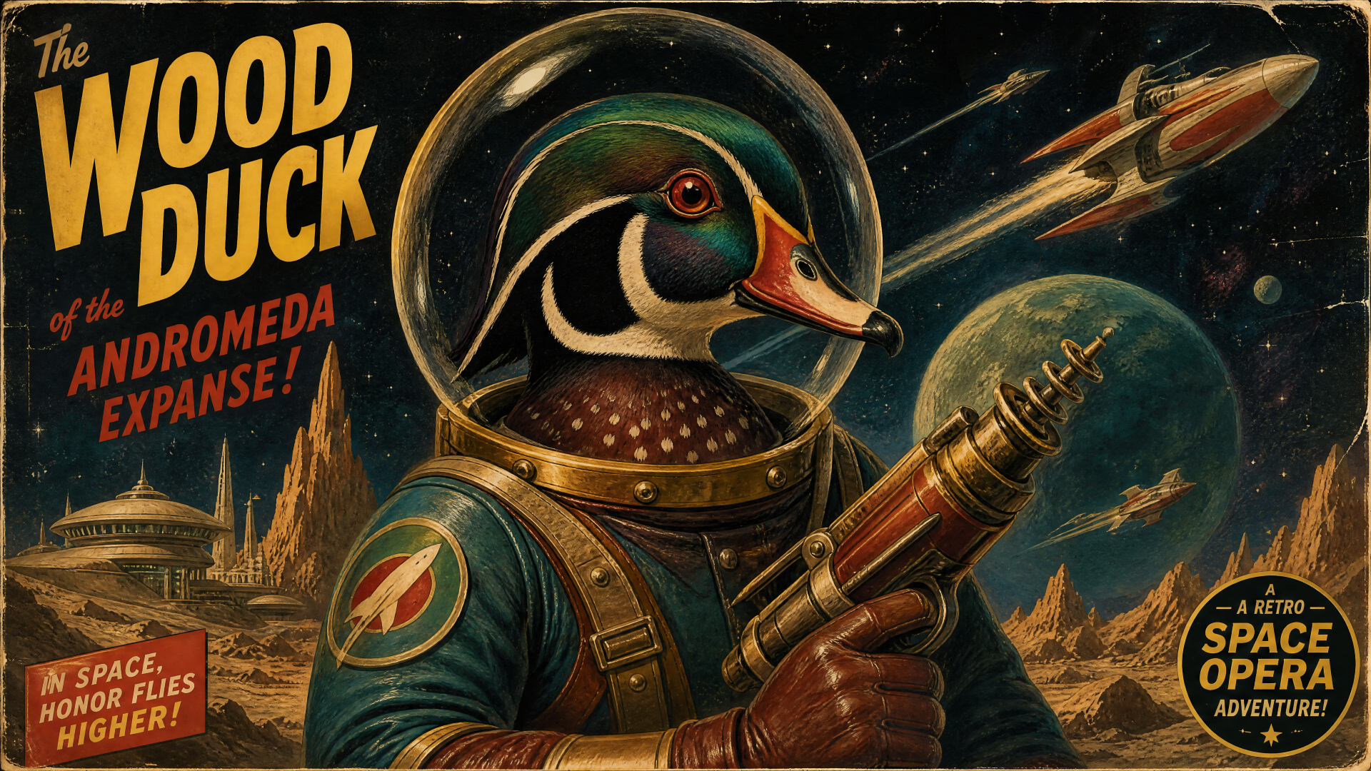 Retro sci‑fi illustration of a wood duck astronaut holding a ray gun on an alien landscape — 4K Ultra HD PC desktop wallpaper and background.