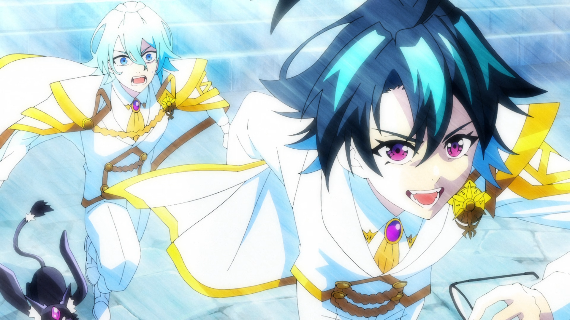 Anime HD PC desktop wallpaper/background featuring Will Serfort from Wistoria: Wand and Sword — dynamic action pose in white-and-gold mage attire, turquoise-black hair and fierce expression.