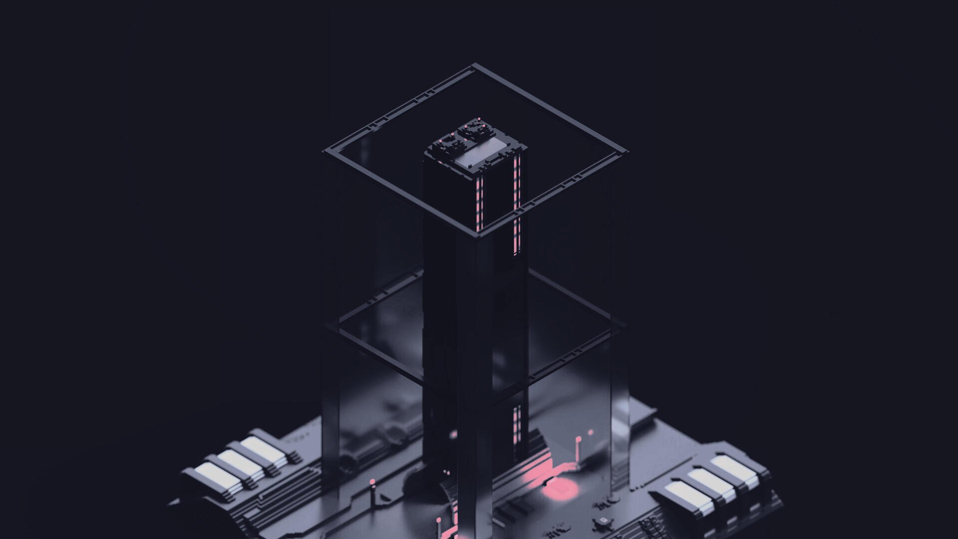 4K Ultra HD digital art artwork: a moody digital painting illustration of a dark landscape centered on a black monolith tower with neon accents, hovering square frames and surrounding machinery.