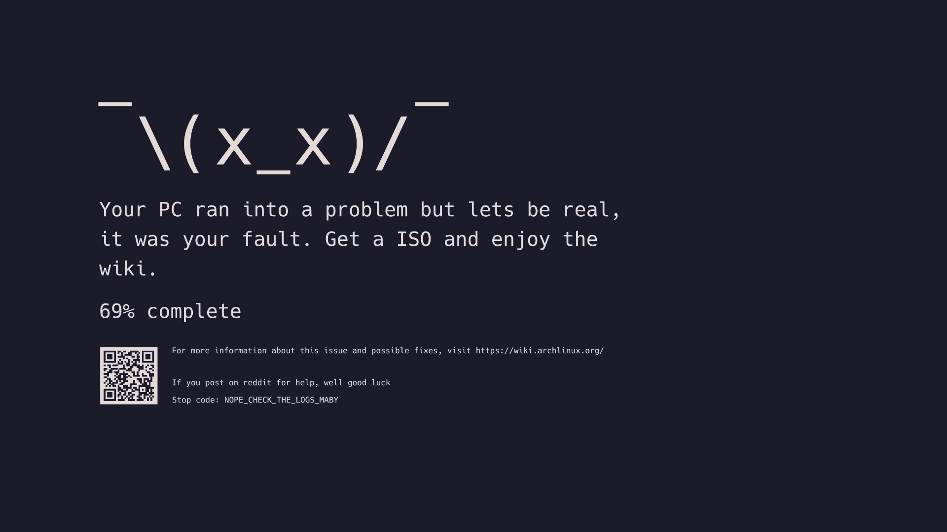 Minimalist dark digital art landscape HD PC desktop wallpaper — digital painting/illustration artwork showing an ASCII dead-face ¯\_(x_x)_/¯ with mock error text, progress percentage and QR code.
