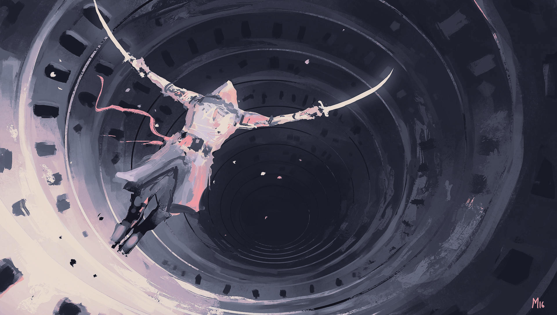 Digital art, digital painting illustration artwork landscape — HD PC desktop wallpaper/background: lone archer plunges into a vast circular void, muted pastels and a starry void.