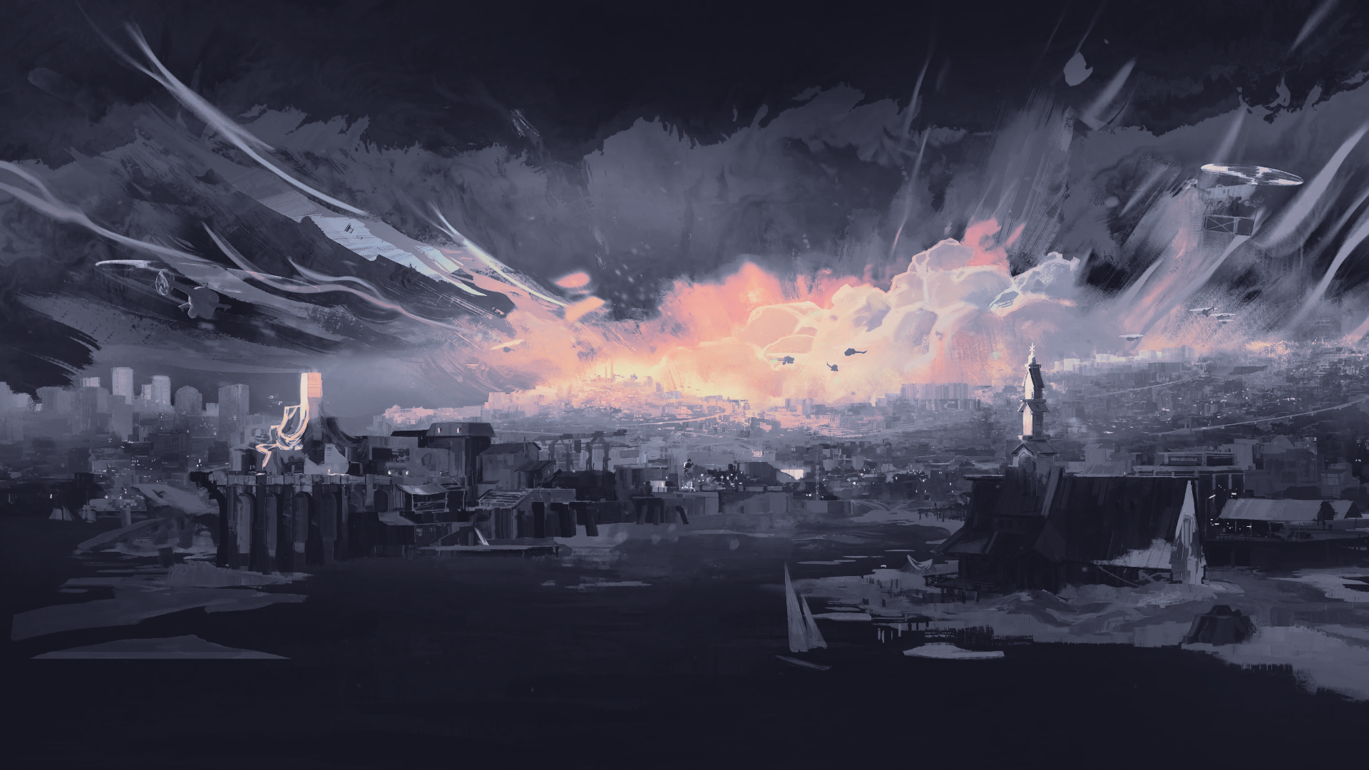 HD digital painting landscape illustration: moody cityscape at dusk, dramatic storm clouds parting to reveal a glowing sunset over the skyline — artwork PC desktop wallpaper/background.