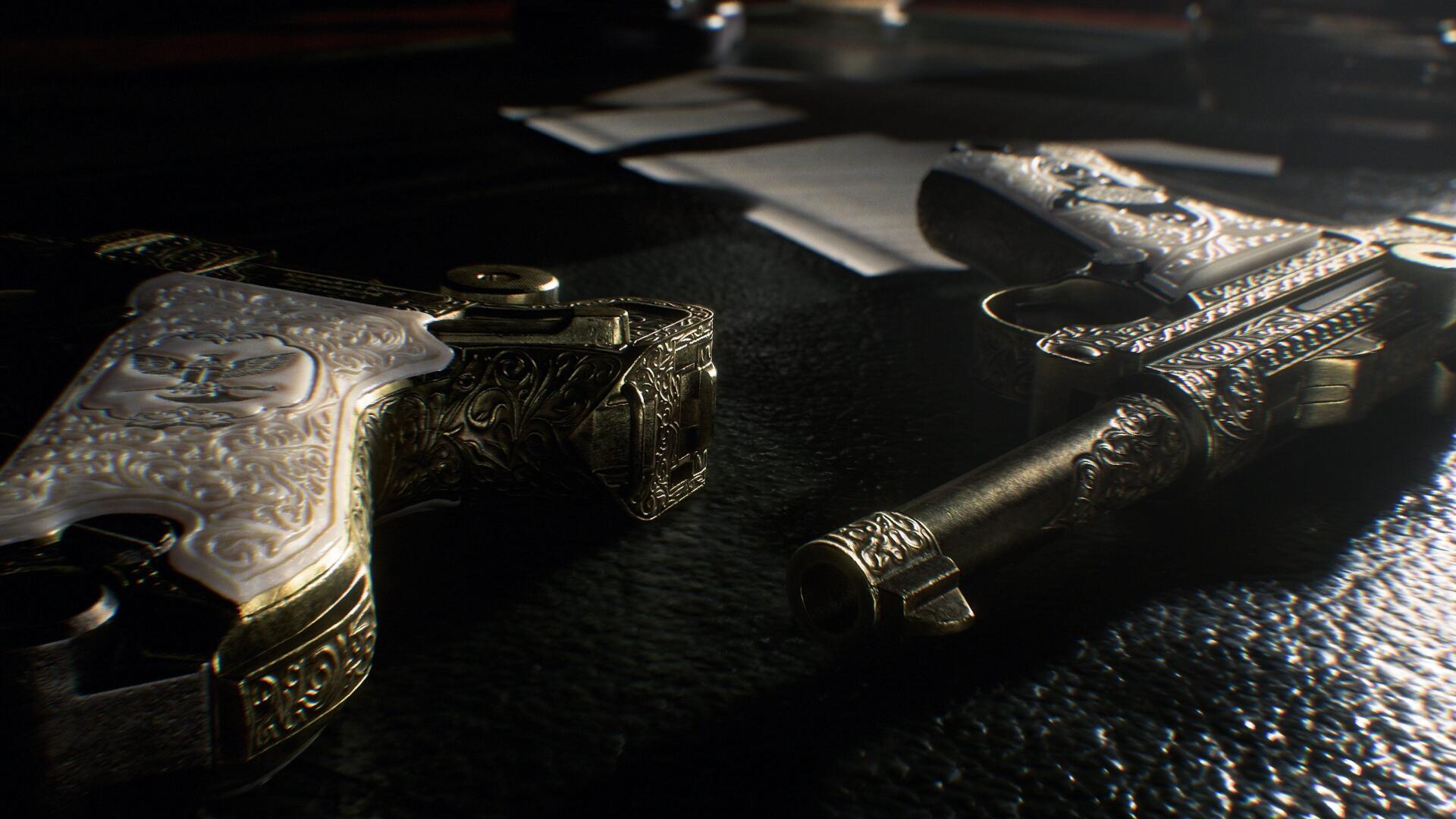 Ornate antique pistols glint on a dark table under dramatic lighting — Resident Evil: Veronica (video game) 4K Ultra HD PC desktop wallpaper/background.