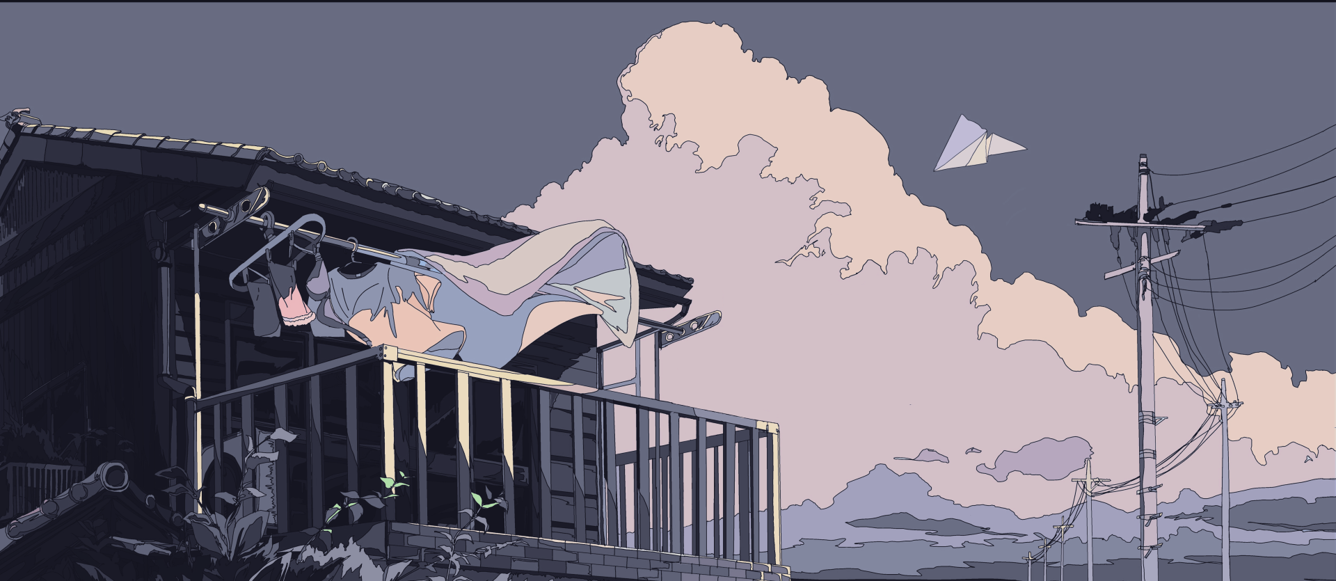 Digital art, digital painting illustration: pastel landscape artwork of a girl leaning from a balcony toward paper planes and clouds — 4K Ultra HD PC desktop wallpaper background.