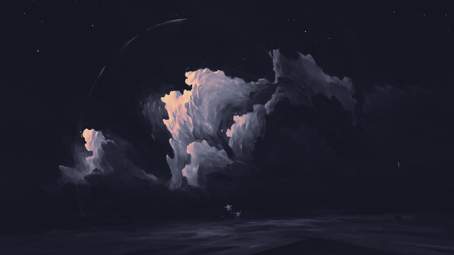 4K Ultra HD digital painting landscape wallpaper showing a moody night sky with glowing pink-tinged clouds above a dark sea — illustration artwork for PC desktop background.