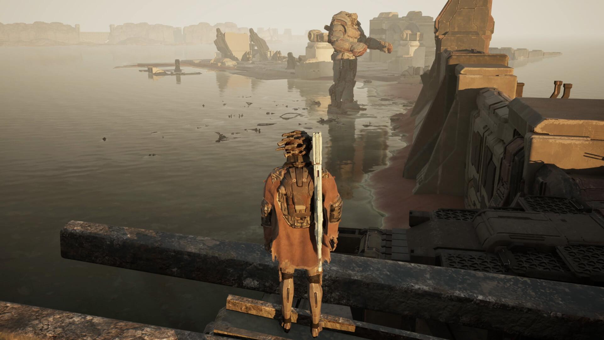 GEN ATLAS video game 4K Ultra HD PC wallpaper: a lone armored explorer stands on crumbling ruins, overlooking misty waters scattered with toppled statues and broken structures.