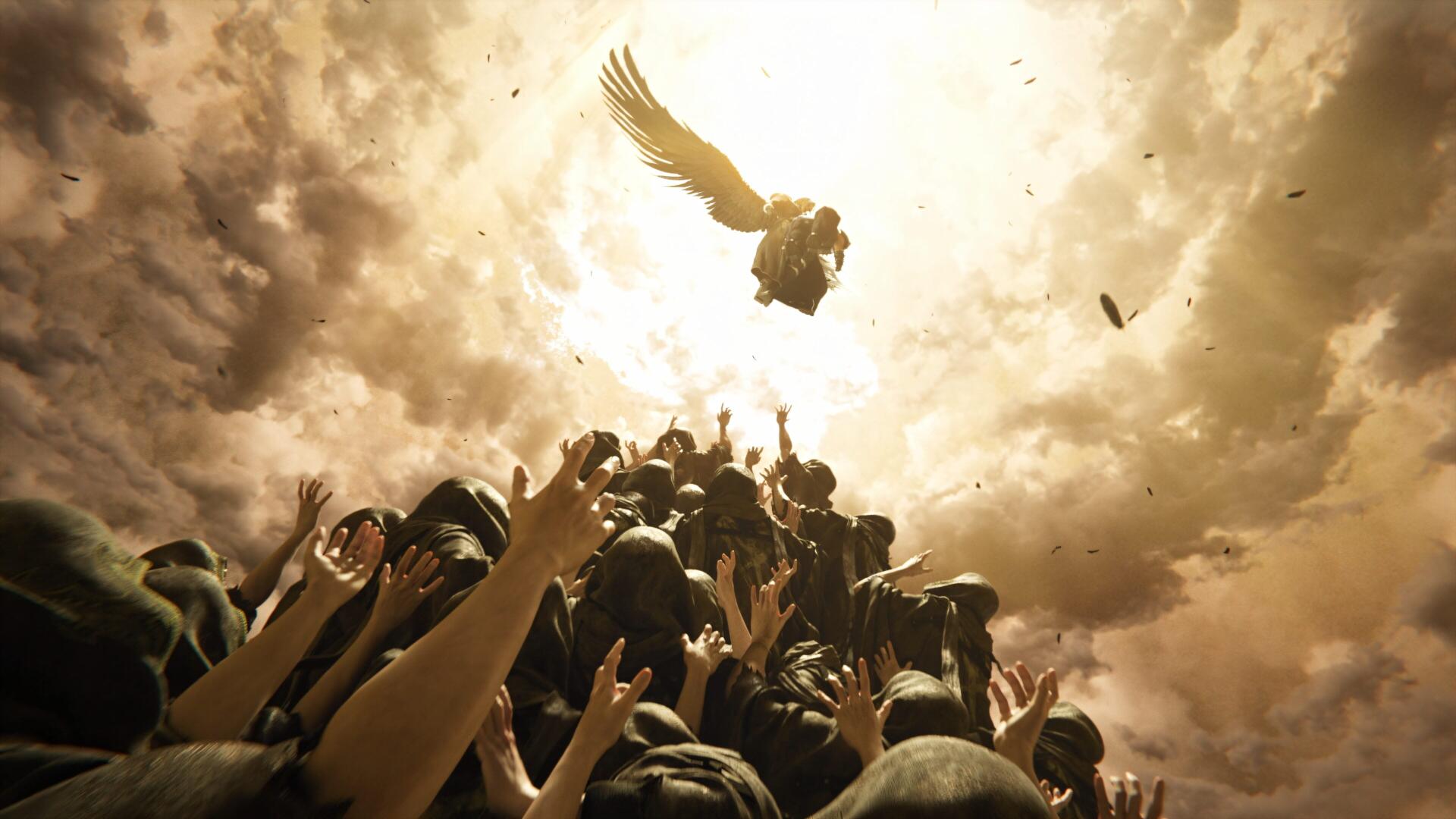 Final Fantasy VII Revelation video game 4K Ultra HD PC desktop wallpaper: a crowd of hands reaching toward a glowing winged creature soaring through sunlit clouds.