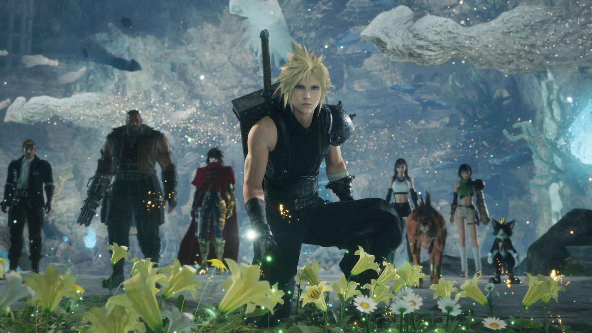 4K Ultra HD PC desktop wallpaper from the video game Final Fantasy VII Revelation: Cloud kneeling with Buster Sword amid yellow flowers, party figures behind in an icy cavern.
