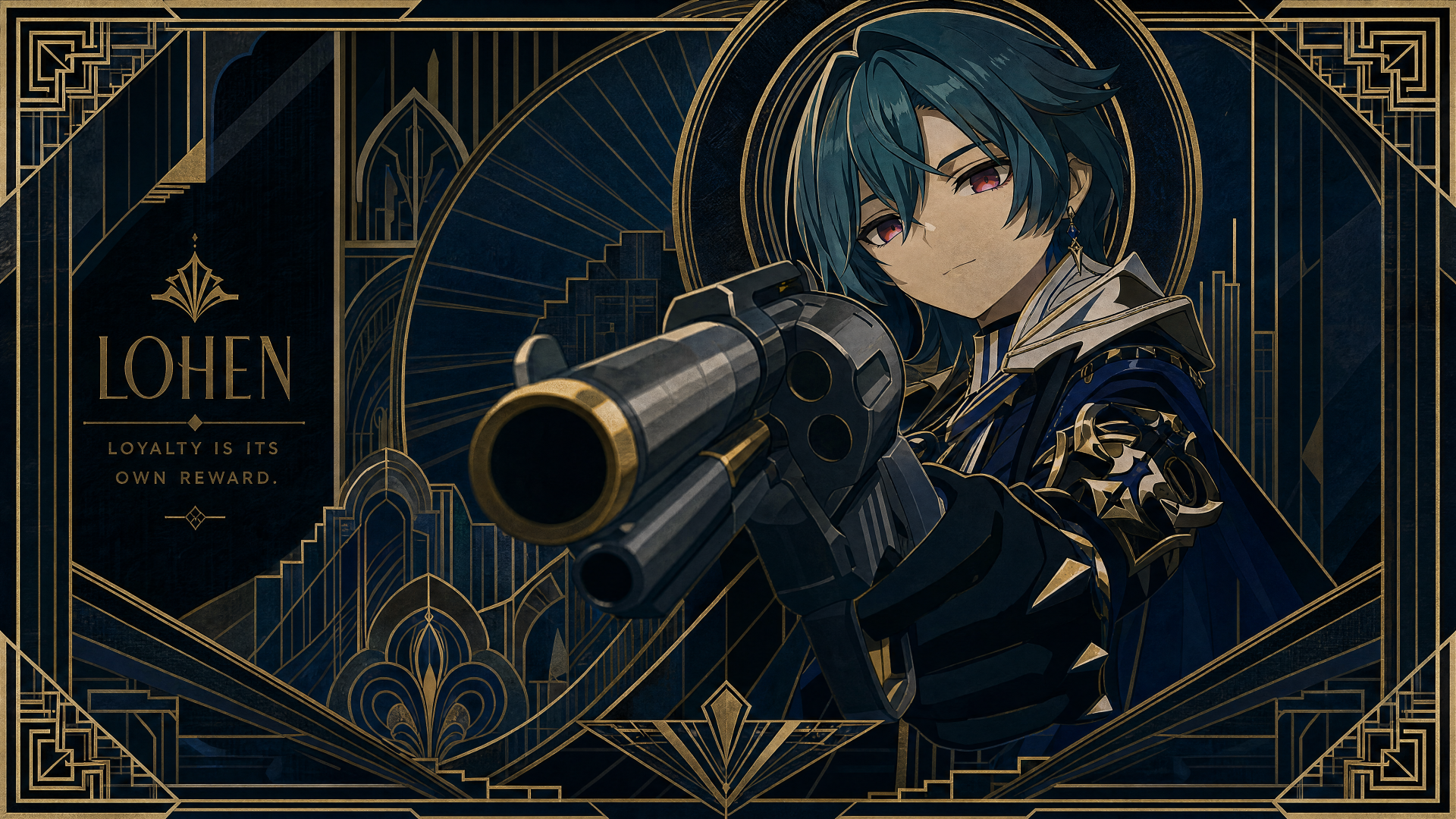 Lohen (Genshin Impact) 4K Ultra HD PC desktop wallpaper: teal-green haired character aiming a large rifle against an ornate navy and gold art-deco background.