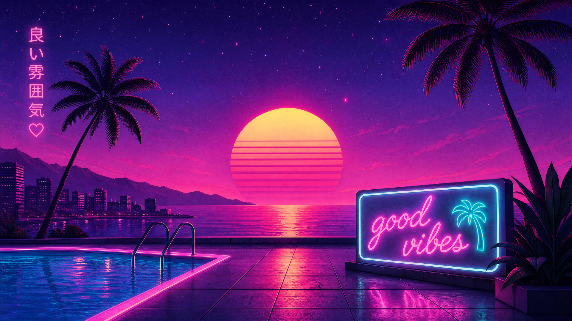 4K Ultra HD PC desktop wallpaper and background: neon-retro sunset over ocean, palm silhouettes, reflecting pool, and glowing good vibes sign.
