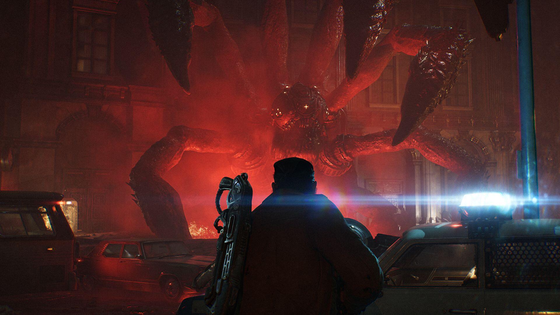 HD PC desktop wallpaper from the video game Gears of War: E-Day — a silhouetted soldier confronts a towering Locust amid red-lit urban ruins and wrecked cars.