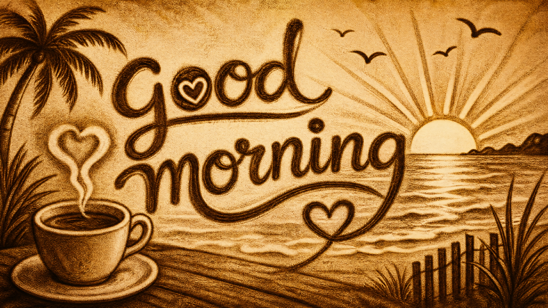 Good morning script over sepia beach sunrise with steaming coffee cup forming a heart, palm tree and birds — 4K Ultra HD PC desktop wallpaper and background