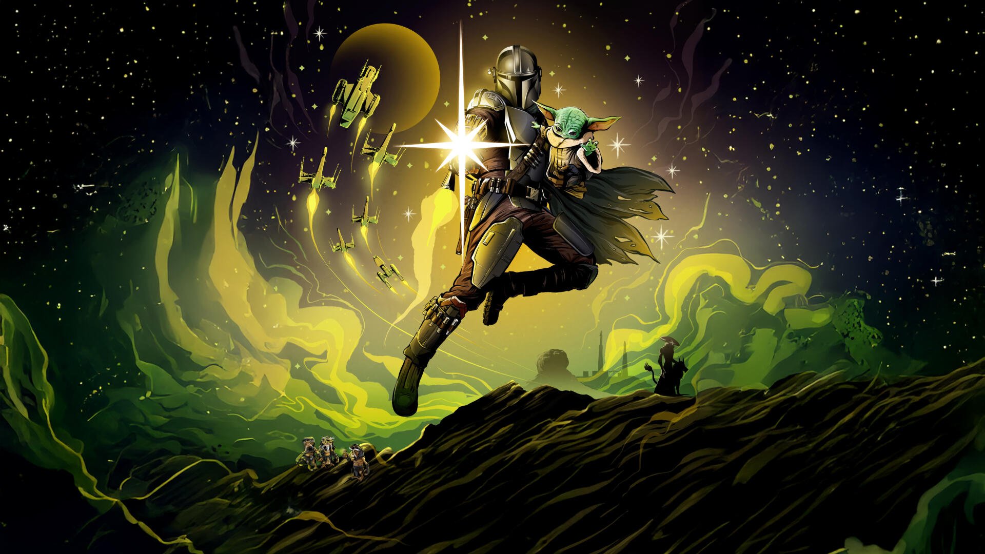 The Mandalorian & Grogu in a dramatic Star Wars 5K Ultra HD PC desktop wallpaper: armored hero leaping across an alien ridge beneath glowing moons and swirling green nebula.