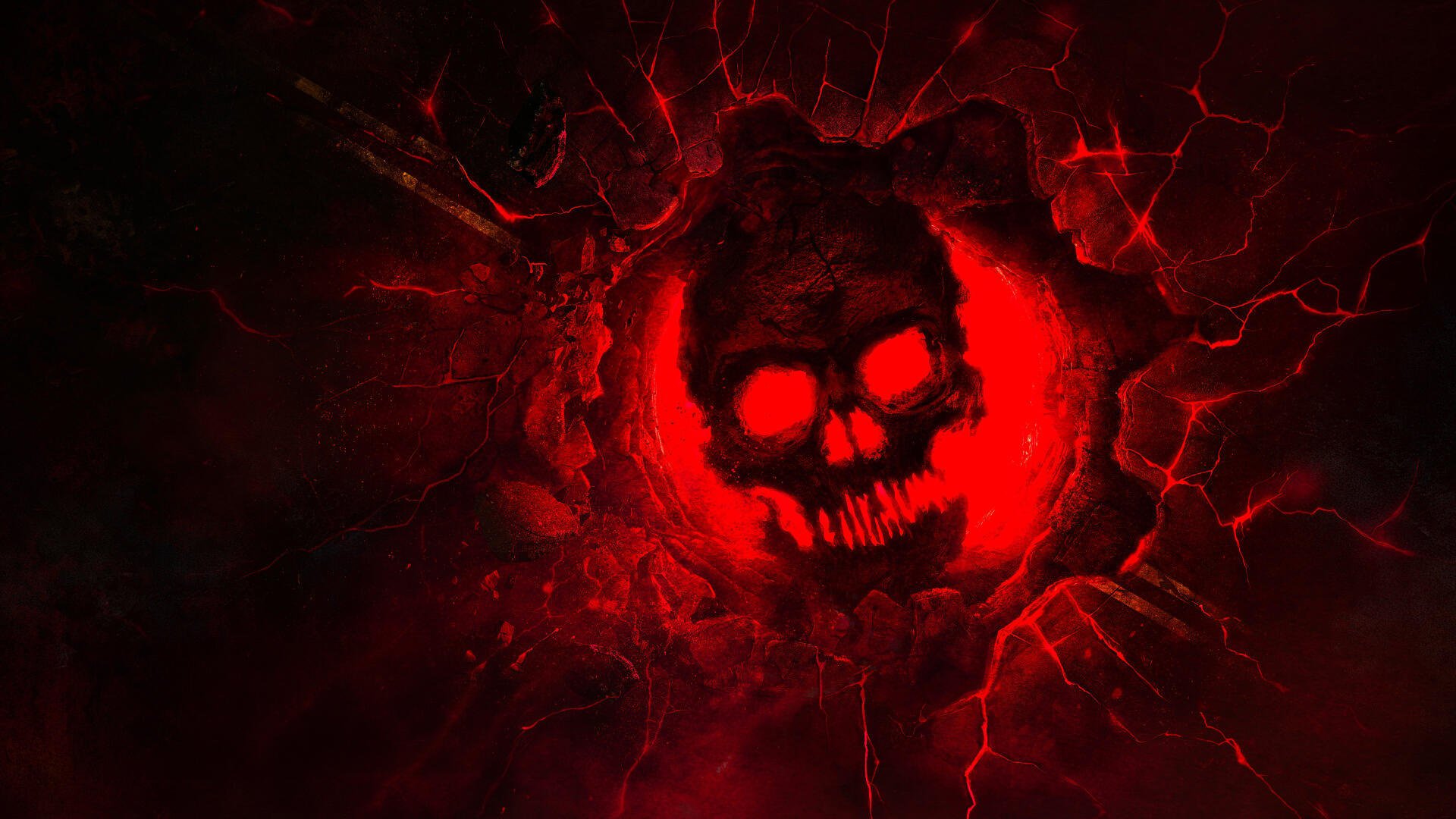 Gears of War: E-Day, Gears of War — red COG skull emblem erupting from a cracked black surface, blood-red energy veins radiating outward; 4K Ultra HD PC desktop wallpaper background.