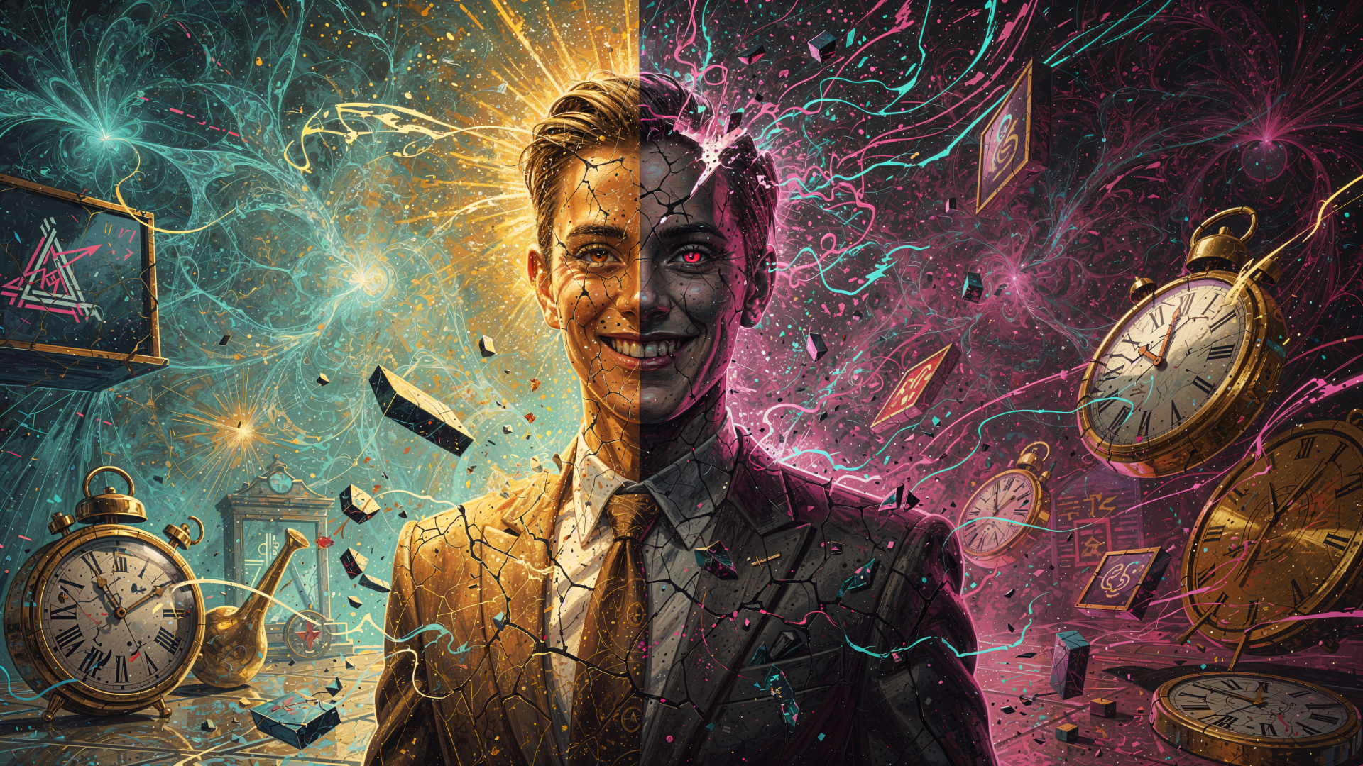 Surreal split-portrait of a man—left radiant, right corrupted—amid floating clocks, playing cards and shattered fragments; 4K Ultra HD PC Desktop Wallpaper and Background.