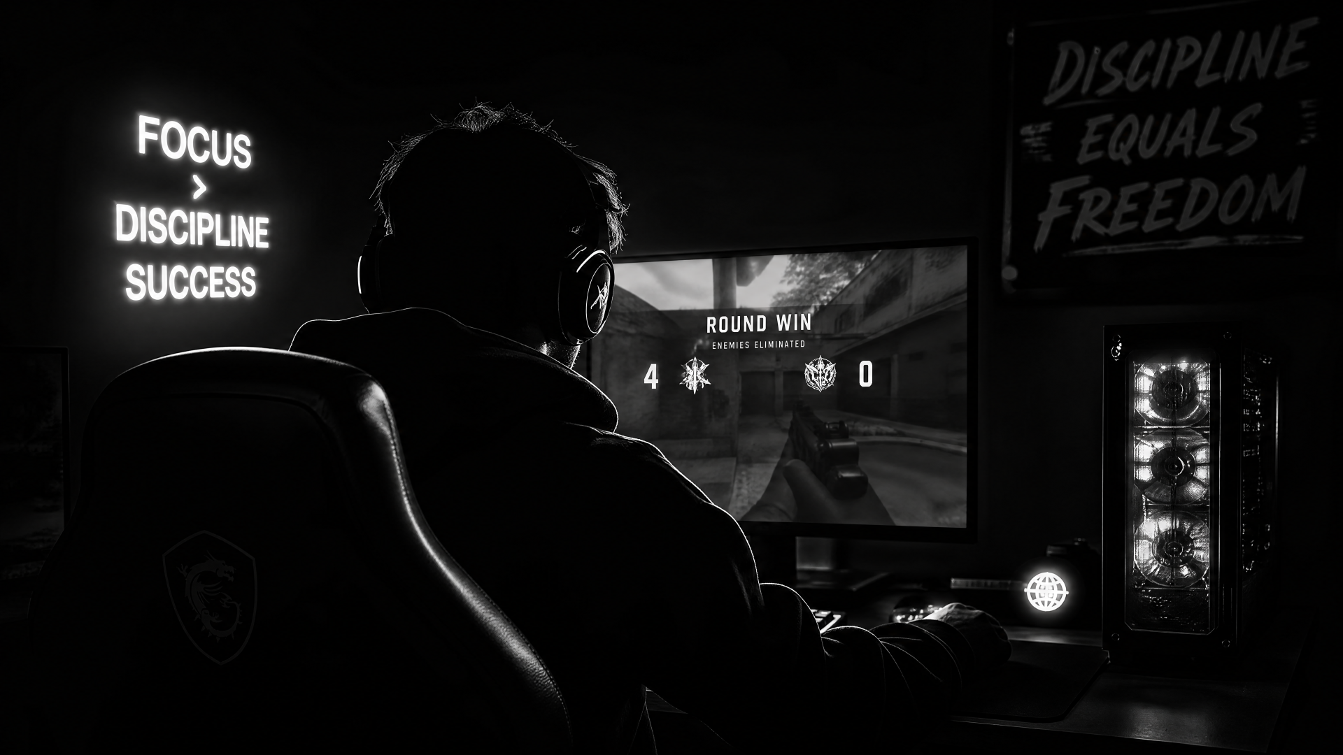 Backlit gamer at a desk playing a shooter, neon FOCUS DISCIPLINE SUCCESS sign and RGB PC tower visible — 4K Ultra HD PC desktop wallpaper/background.