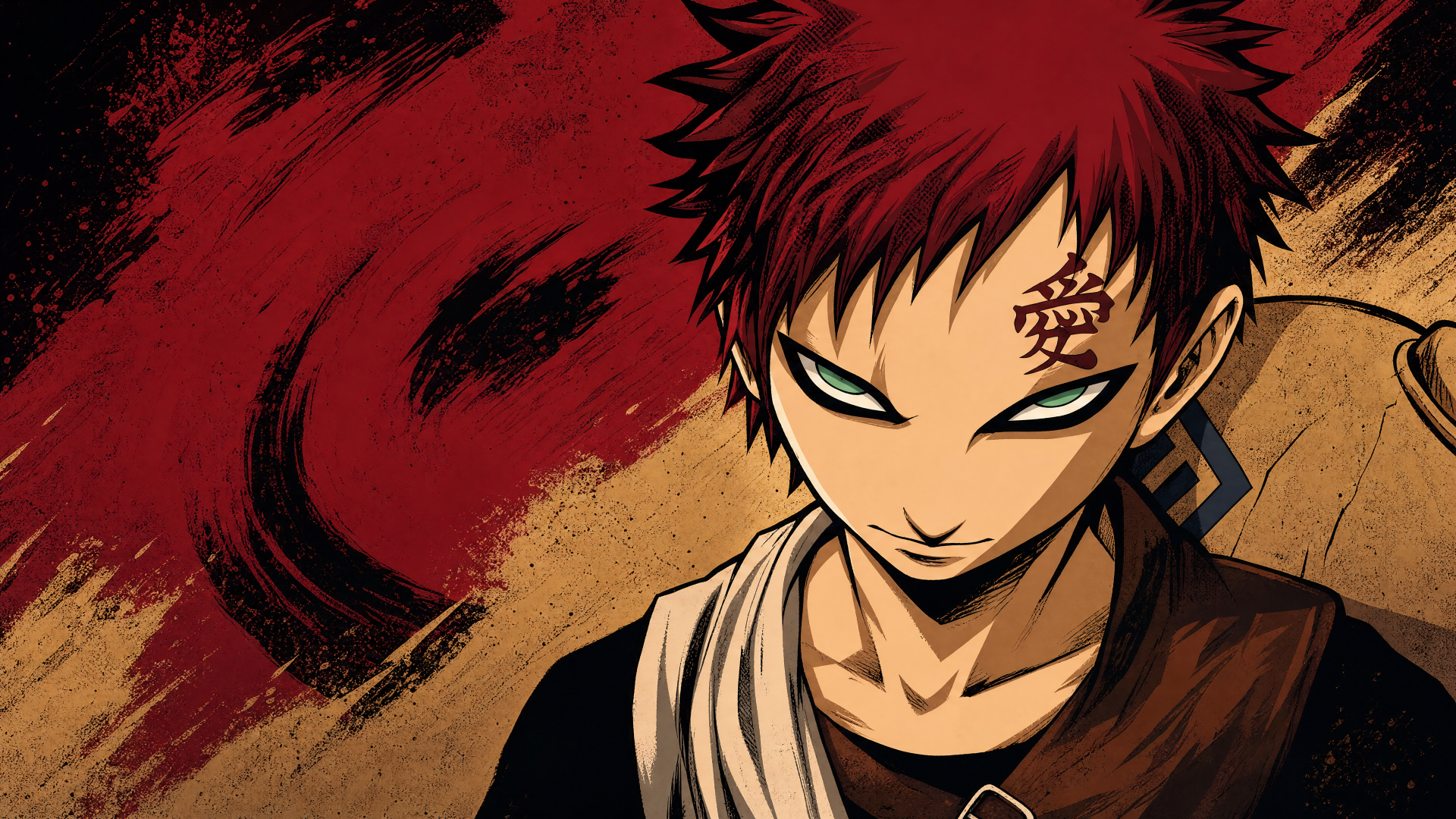 Gaara (Naruto) close-up: cold, intense teal eyes and 愛 kanji on his forehead with red sand swirling behind — 4K Ultra HD PC desktop wallpaper.