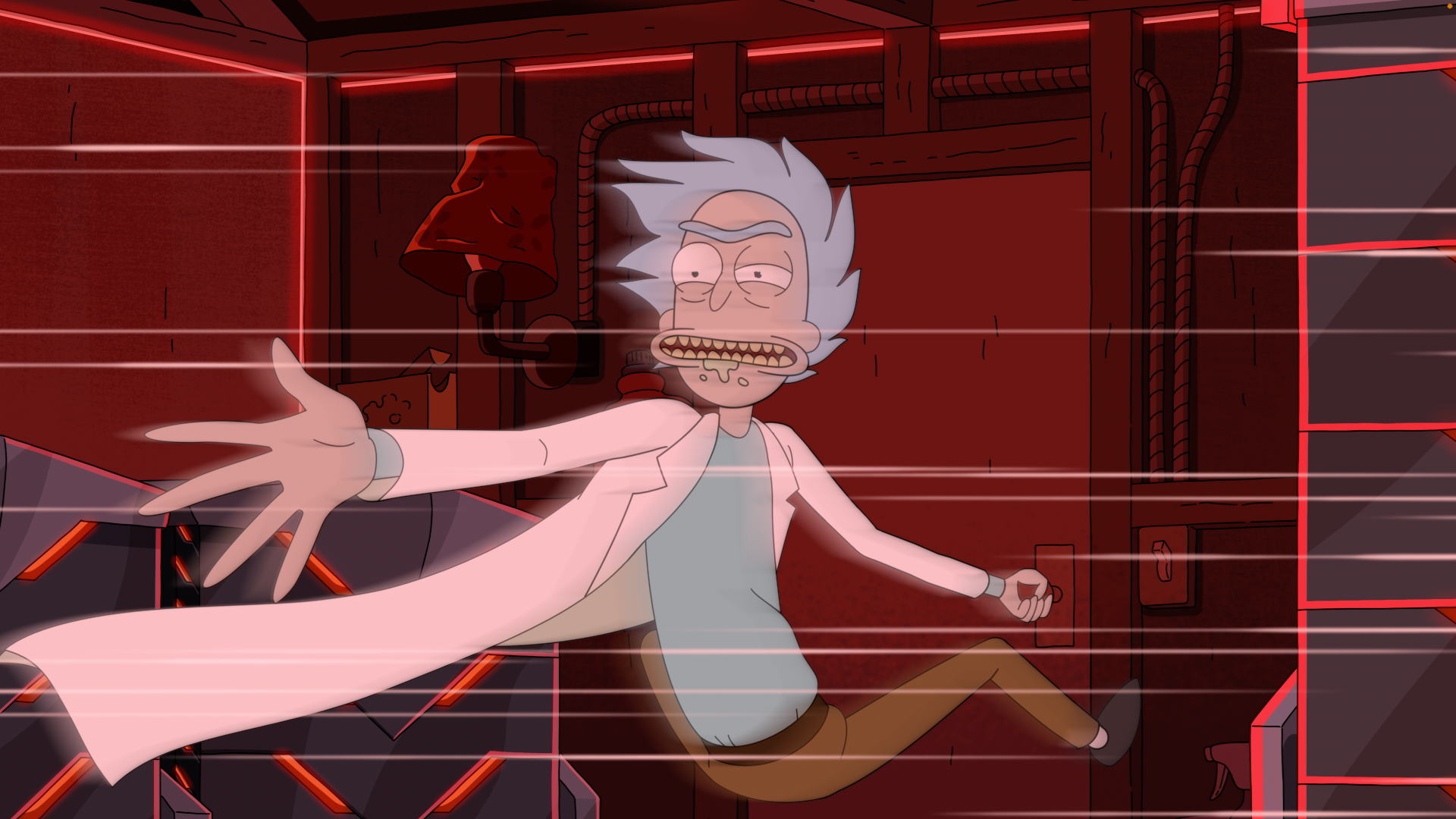 TV show Rick and Morty (season 9) HD PC desktop wallpaper: Rick lunges through a red-lit sci-fi chamber, lab coat flying, pink laser grid streaks across the frame.