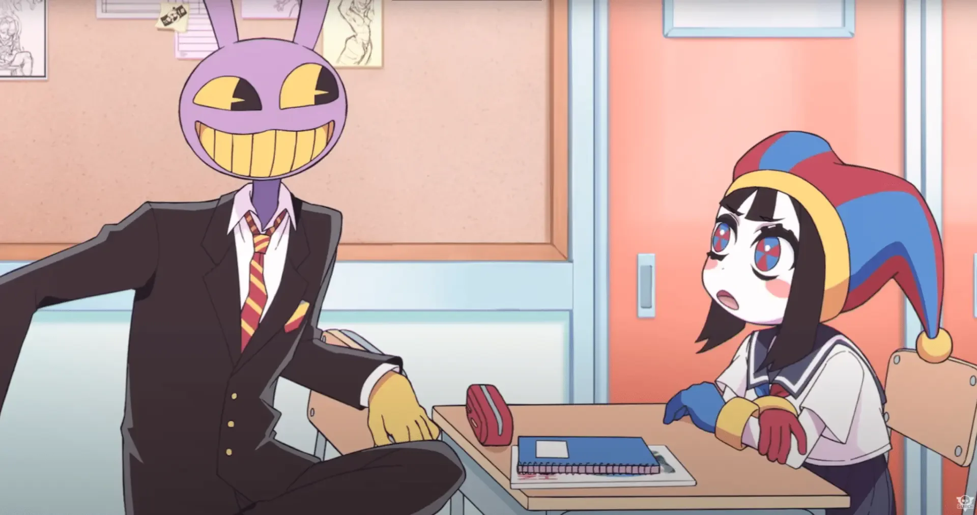 HD PC desktop wallpaper from the TV show The Amazing Digital Circus: grinning rabbit-masked figure in a suit leans toward a wide-eyed schoolgirl wearing a colorful jester hat in a classroom.