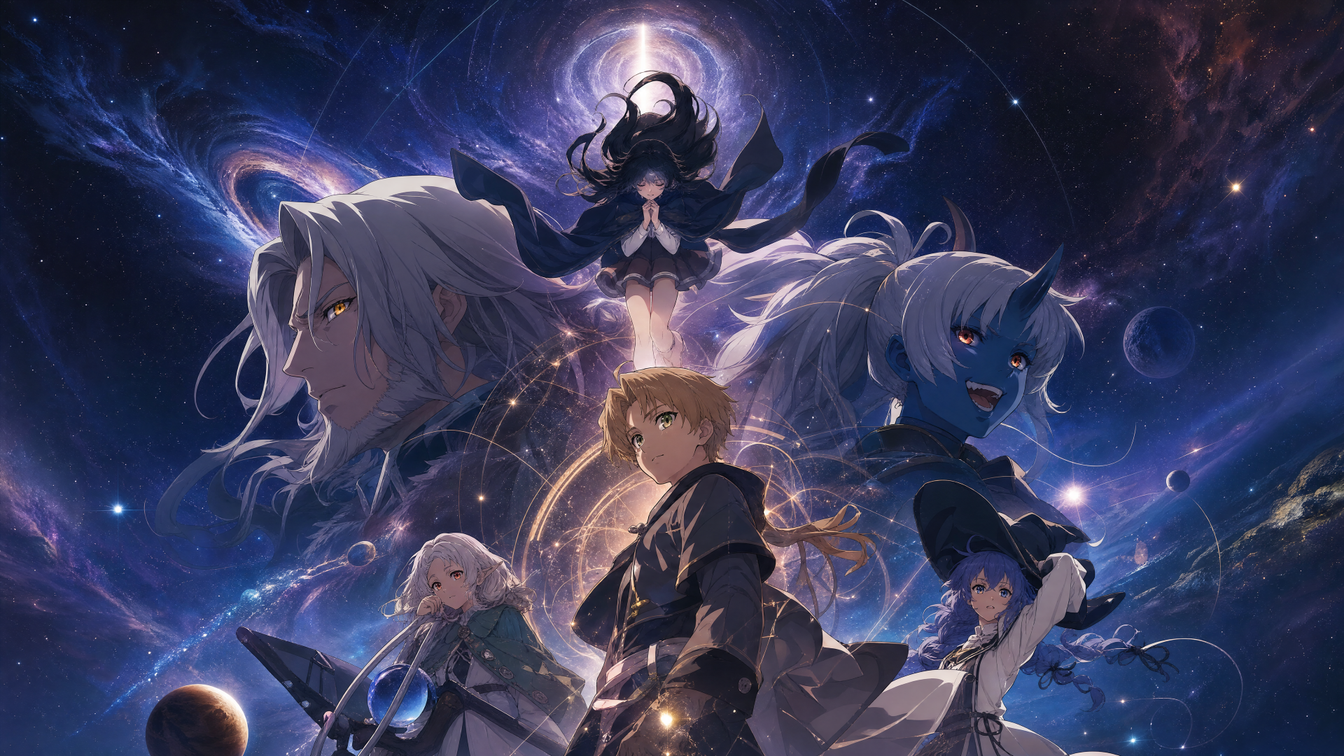 Mushoku Tensei: Jobless Reincarnation 4K Ultra HD PC desktop wallpaper and background showing Rudeus and companions under a luminous cosmic sky, swirling magic sigils, planets and radiant light.