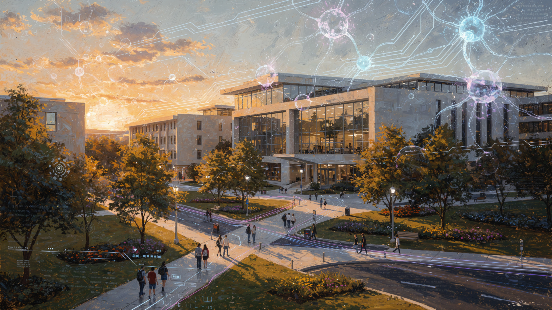 University campus at sunset with students on walkways, modern glass buildings and tech-style neural overlays, 4K Ultra HD PC desktop wallpaper and background.