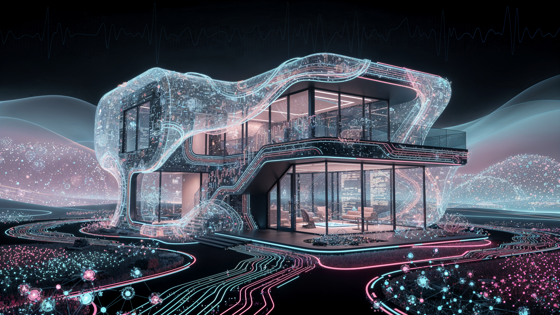 Futuristic glass dream home wrapped in glowing digital mesh, neon circuits and holographic landscaping — 4K Ultra HD PC desktop wallpaper and background.