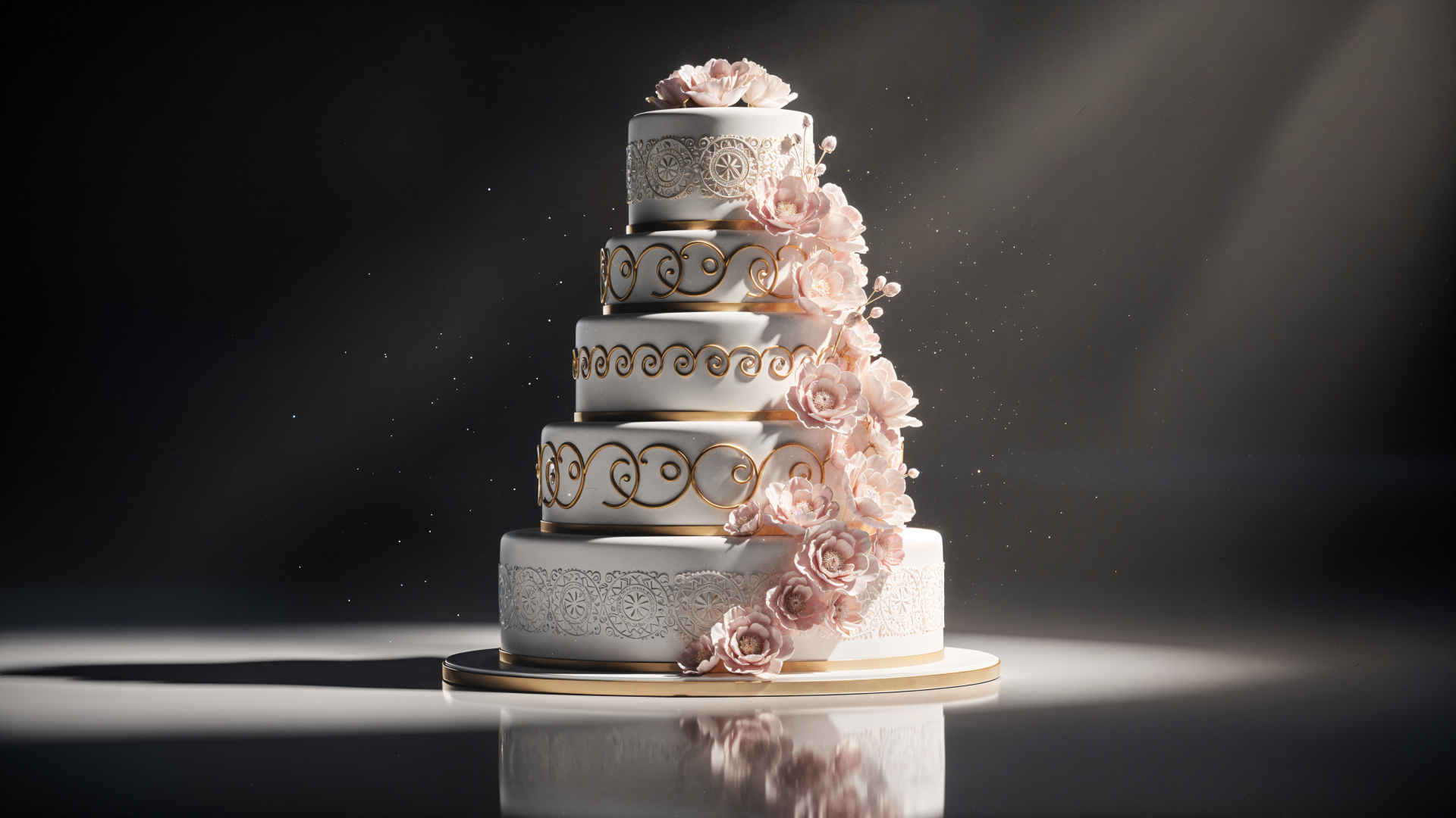 4K Ultra HD PC desktop wallpaper of a four-tier white wedding cake with cascading pink sugar roses and gold filigree, softly lit on a reflective surface.