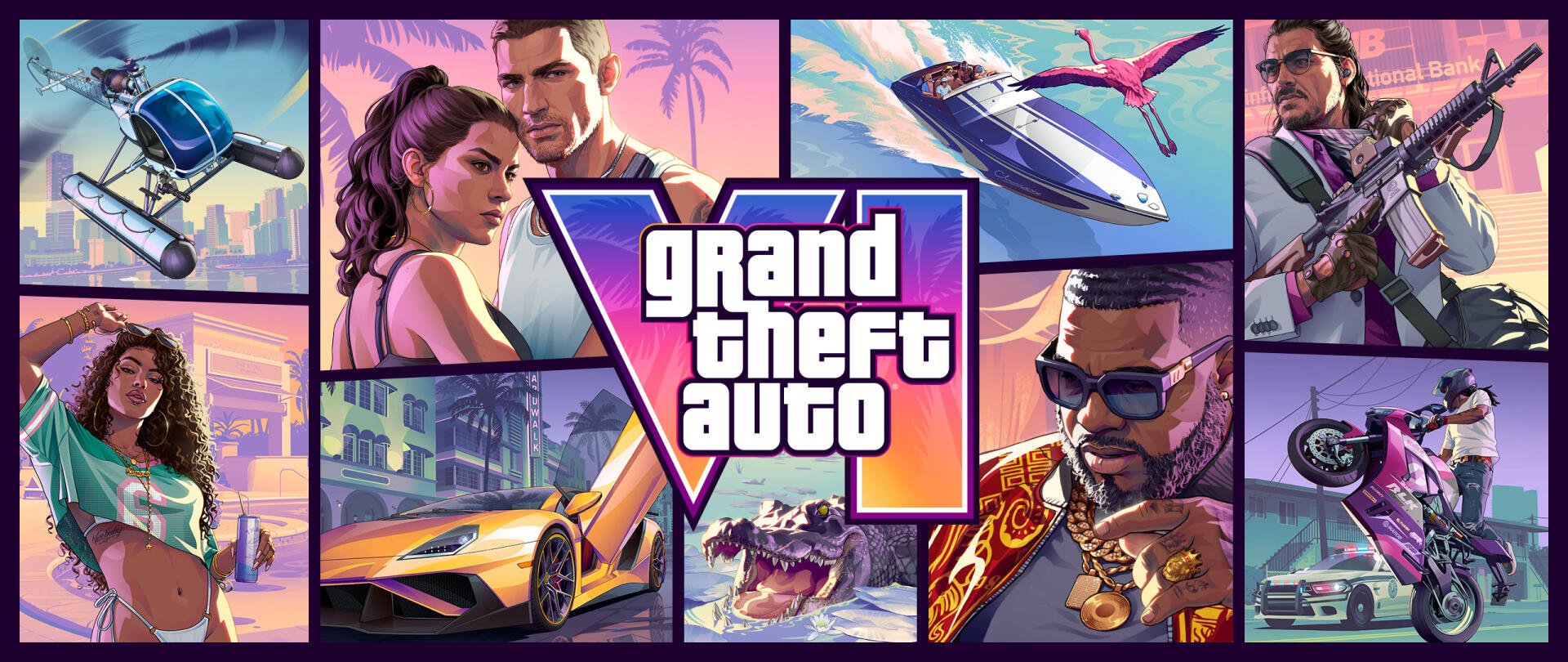 HD PC desktop wallpaper of the video game Grand Theft Auto VI, colorful collage of characters, a sports car, speedboat and all against a tropical neon sunset cityscape