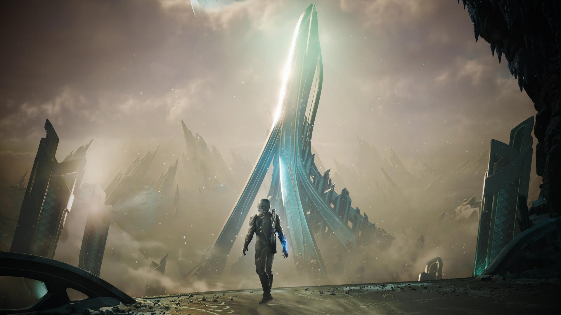 Exodus (2027 video game) 4K Ultra HD PC desktop wallpaper/background: lone armored figure approaches a towering alien spire through misty, ruined landscape beneath a stormy sky.