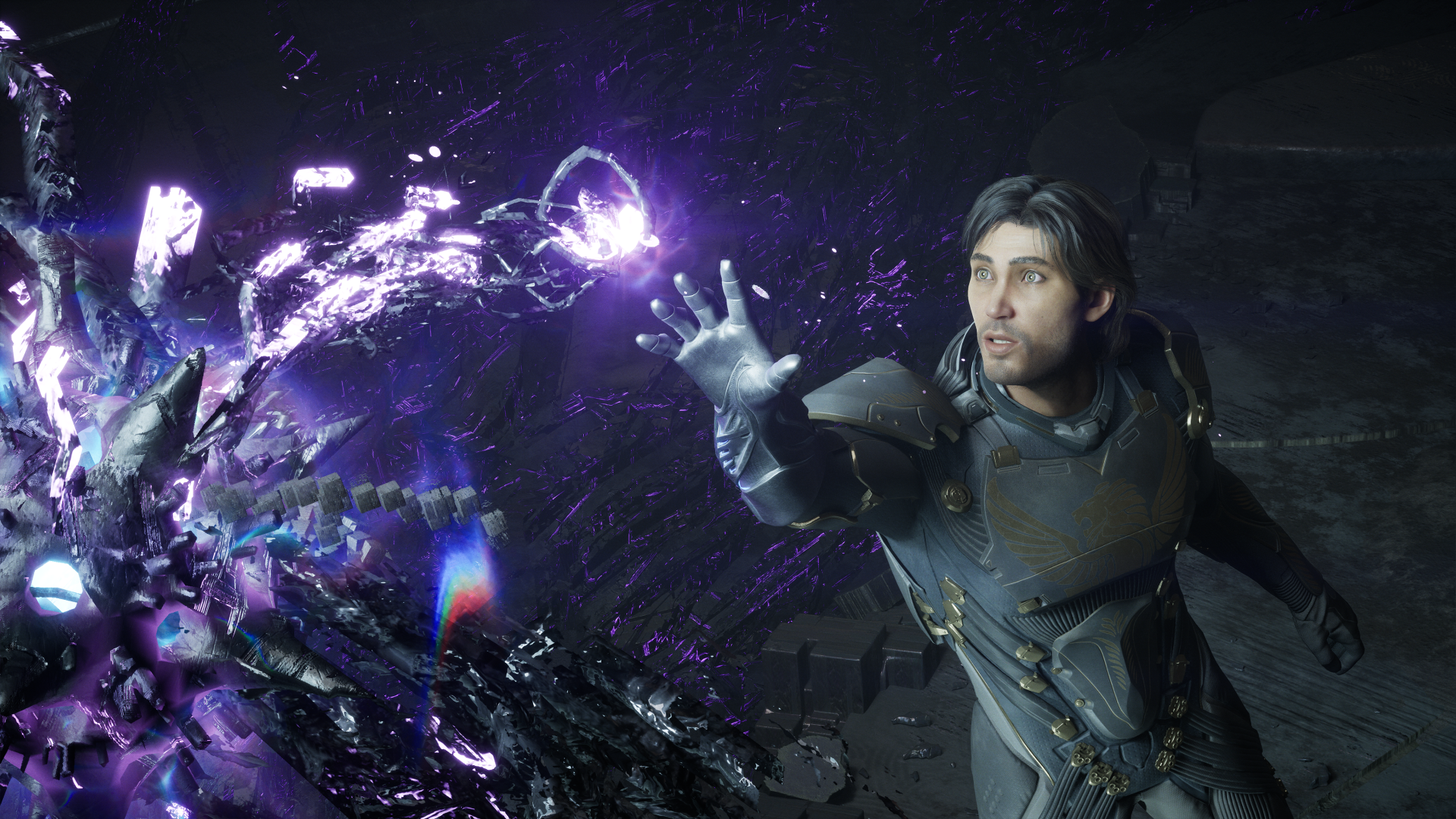 4K Ultra HD PC desktop wallpaper from video game Exodus (2027): armored protagonist reaches toward swirling purple energy and crystalline shards.