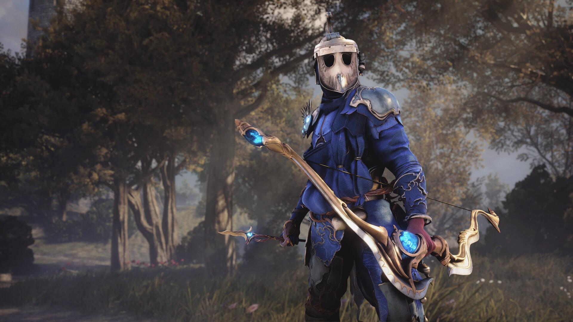 4K Ultra HD PC desktop wallpaper background: Soulframe video game scene — armored mage in blue robes and a mask wields a glowing ornate staff in a misty forest clearing.
