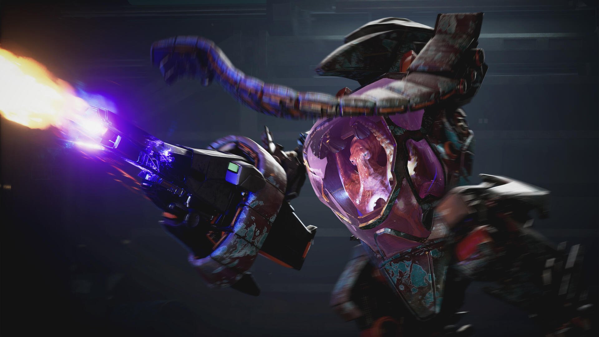 Exodus (2027) video game 4K UHD PC desktop wallpaper: armored alien mech fires a glowing purple energy cannon amid motion blur.