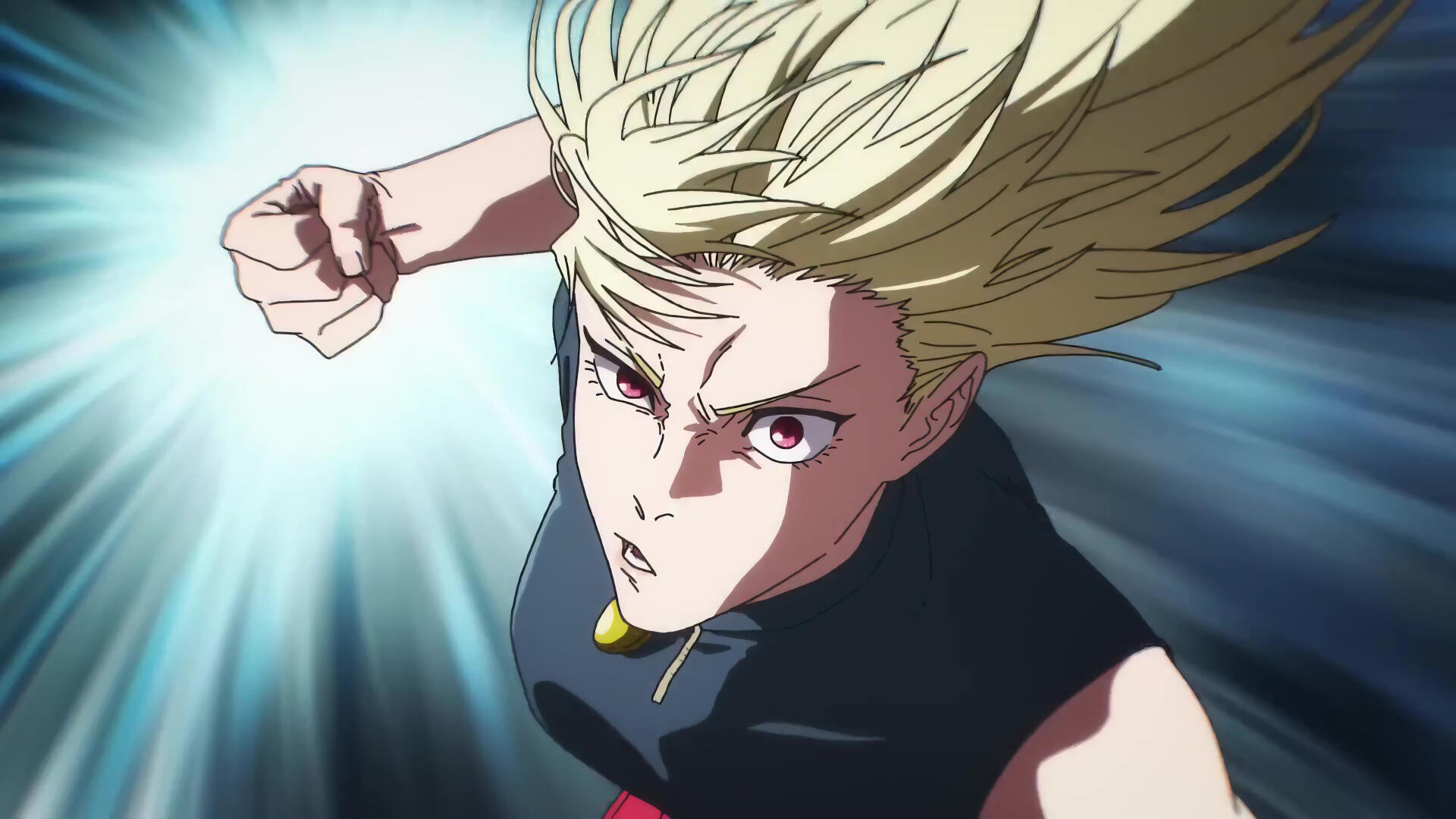 Yuki Tsukumo from Jujutsu Kaisen charging forward, hair streaming amid a dynamic blue light burst — 4K Ultra HD PC desktop wallpaper.