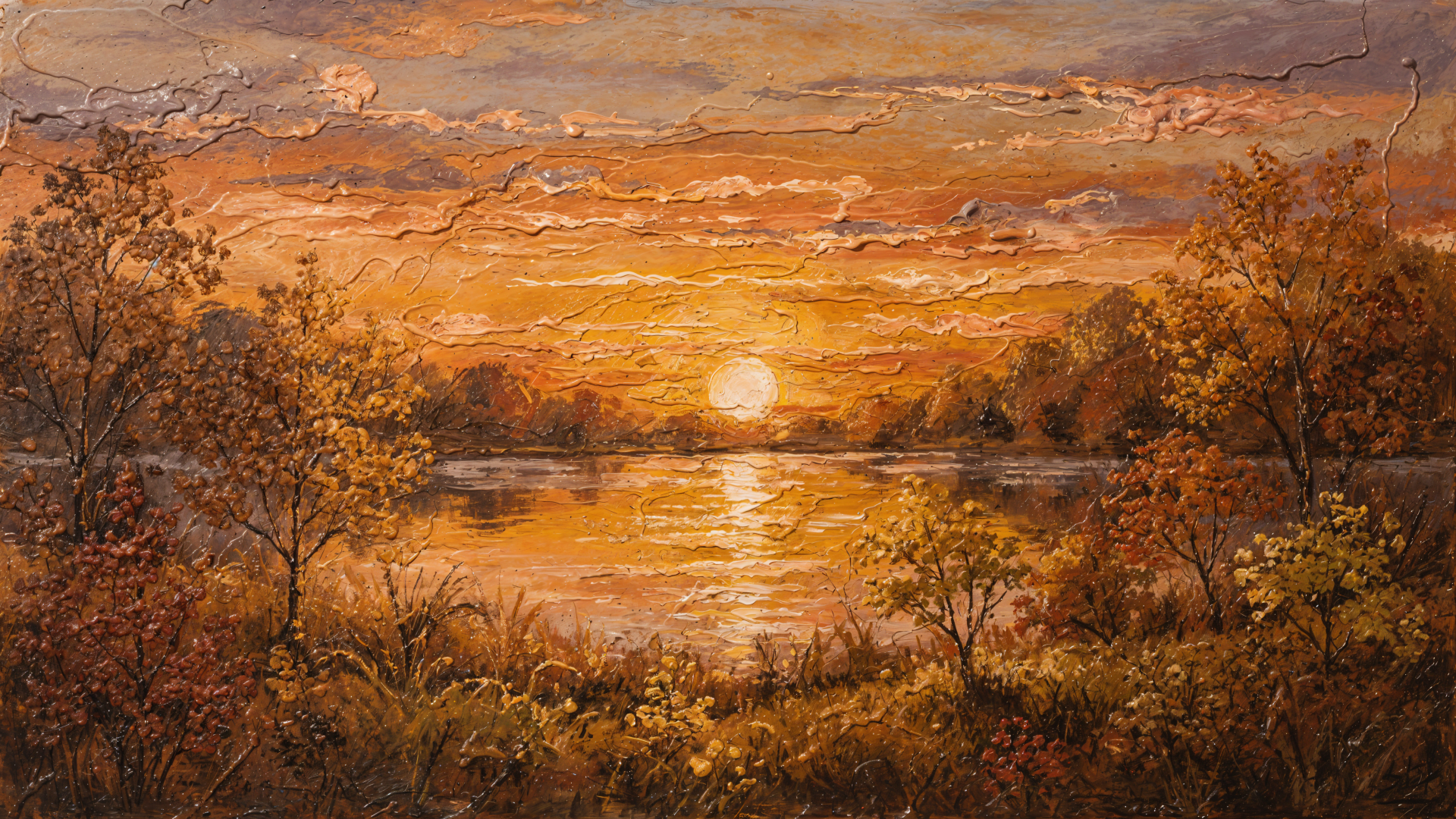 4K Ultra HD PC desktop wallpaper — fall sunset over a still lake, warm golden-orange sky mirrored in water, framed by trees and autumn brush.