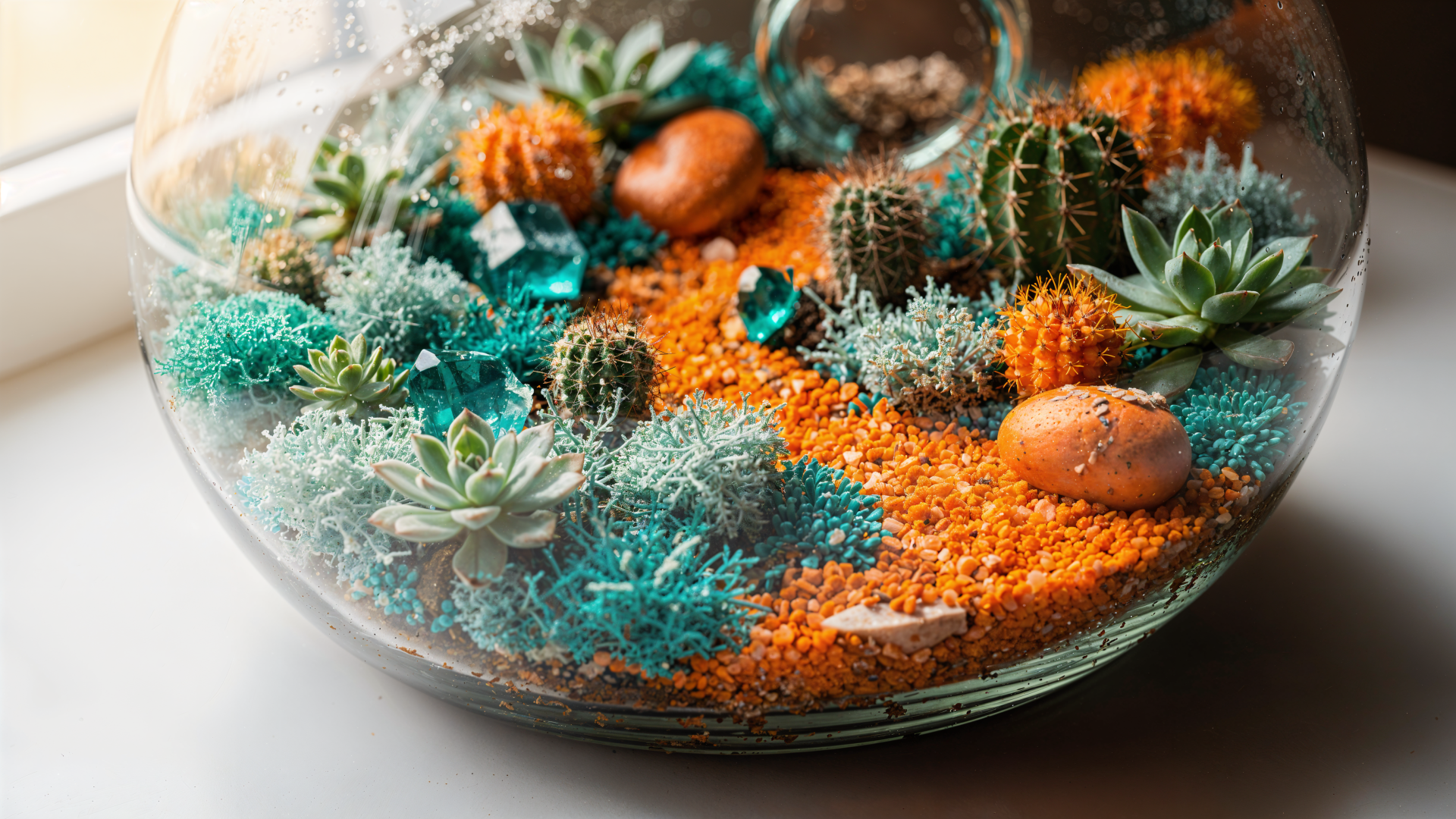 Glass bowl terrarium with cacti and succulents, orange sand paths, turquoise stones and moss — 4K Ultra HD PC desktop wallpaper and background.