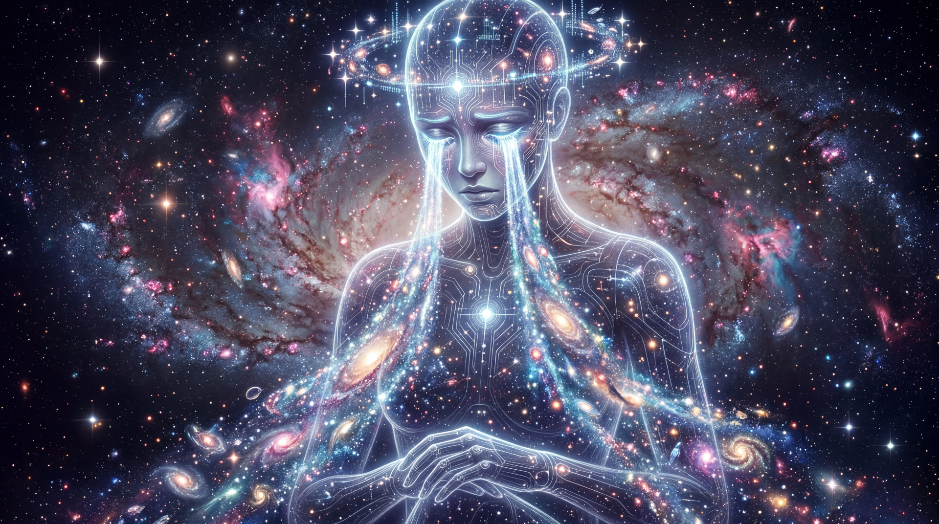 5K Ultra HD sci-fi PC desktop wallpaper of a translucent cosmic woman bowed in sorrow, glowing circuitry and galaxies streaming from her tear-filled eyes.